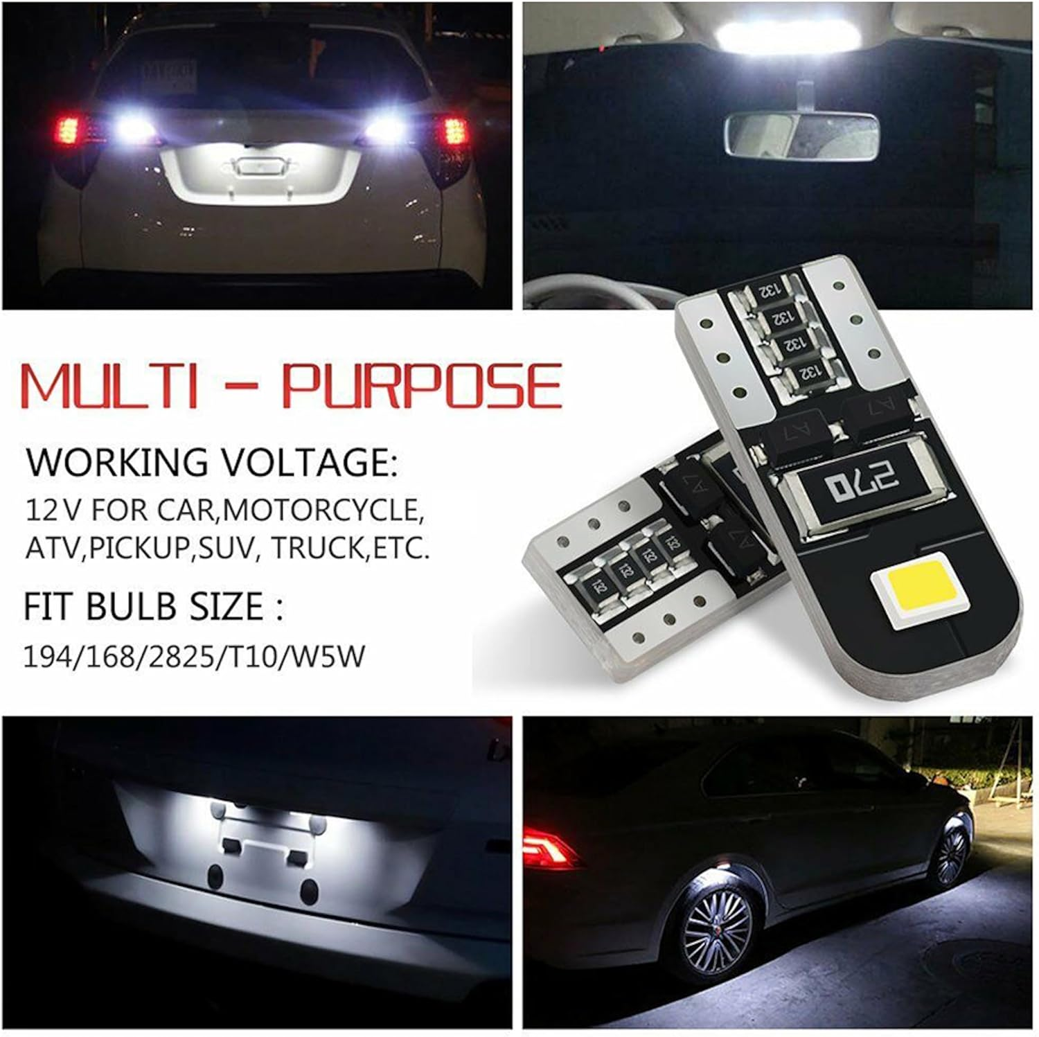 10 Pcs CANBUS Error Free T10 W5W 194 168 Wedge Interior LED Light Bulbs image number 5