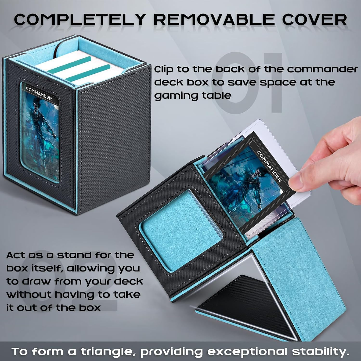 Card Box with MTG Commander Display, Patented Design Card Holder Can Hold More than 100 Double Sleeve Cards, PU Leather Card Storage Box for TCG with 2 Partitions, 1 Top Loader (Black&Blue) - Blackblue image number 5