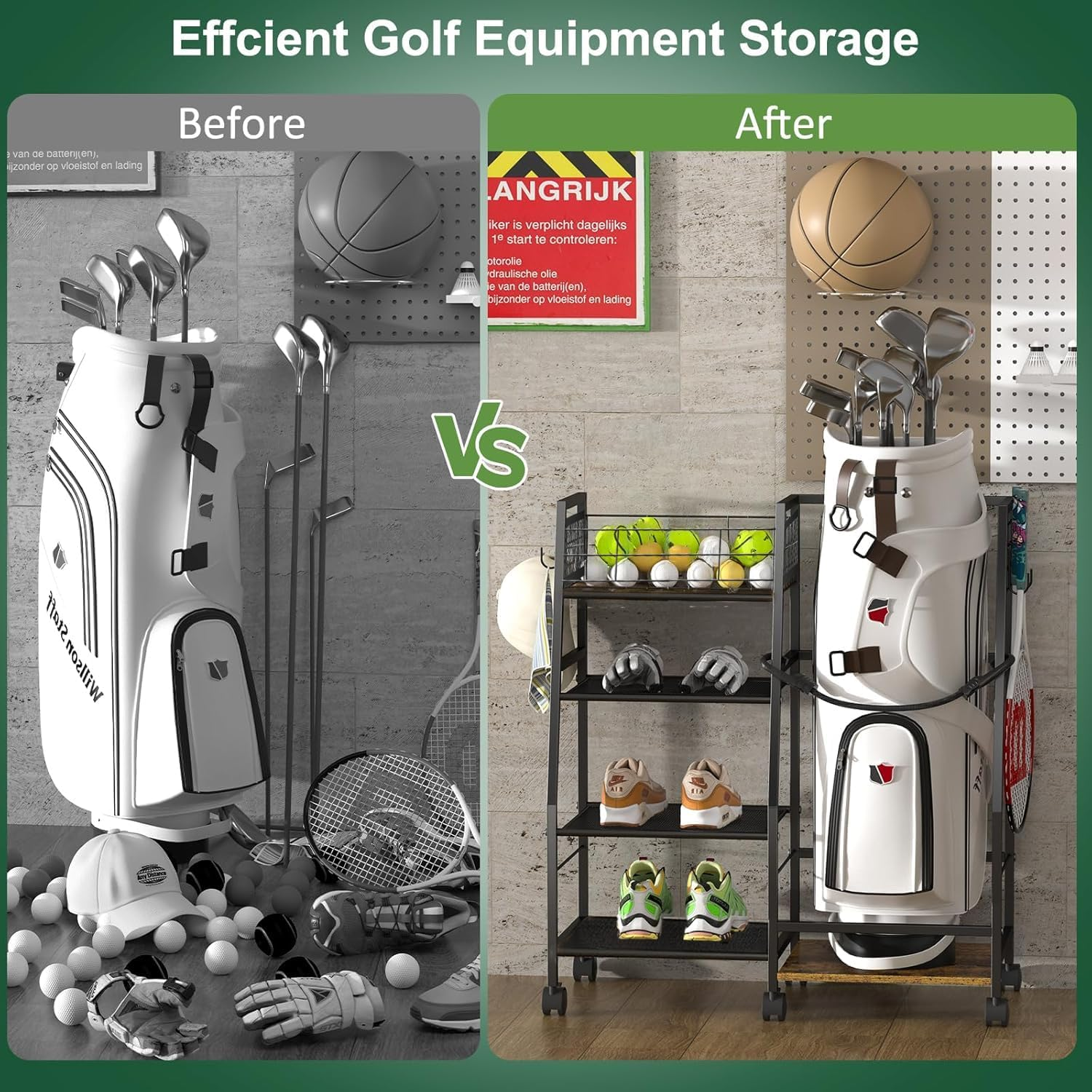 RHSTAO Golf Bag Garage Storage Rack with Wheels, Organizer for Single Golf Bag and Equipment Accessories, Ideal for Home, Garage, Club, Shed, Basement - Sturdy Wood and Metal Construction image number 1