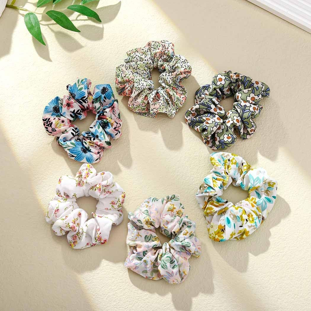 Flower Chiffon Hair Scrunchie,6Pcs Floral Plaid Solid Color Scrunchie,Spring Summer Floral Hair Scrunchies,Floral Chiffon Elastic Hair Tie Scrunchie,Floral Plaid Solid Hair Scrunchie for Girls Women image number 1