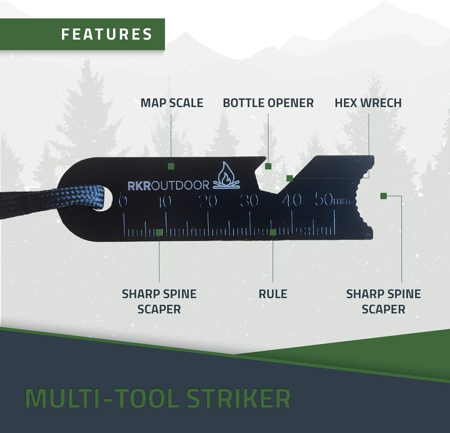 RKR OUTDOOR Ferro Rod Flint Fire Starter Kit with Handcrafted Wood Handle |5/16"- 3/8" Thick 12000-15000 Strikes |Survival Flint and Steel Rods with Multi-Tool Striker and Paracord Lanyard for Camping - Fire Orange image number 5