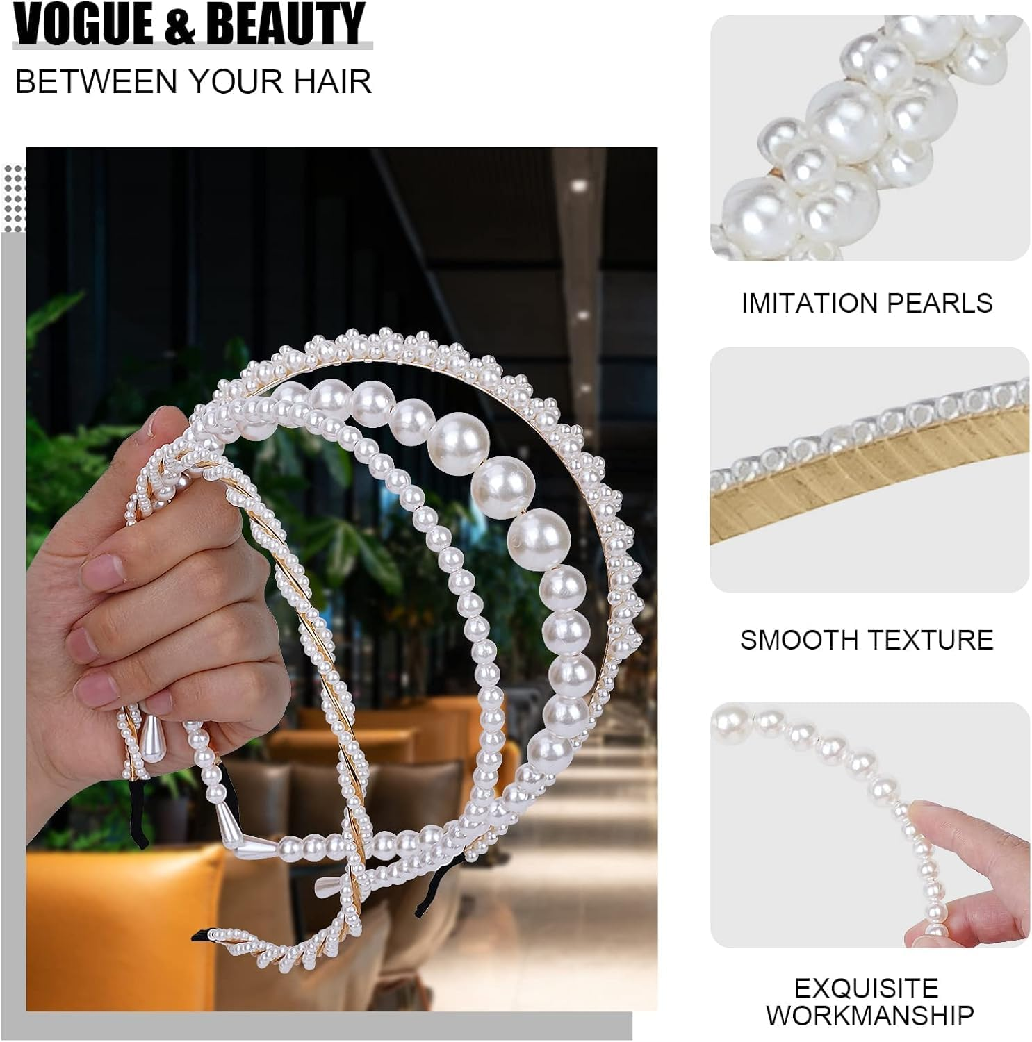 4 Pack Pearls Fashion Headbands Artificial Pearl Rhinestones Hairbands,Bridal Hair Hoop Party Wedding Hair Accessories for Women Girls