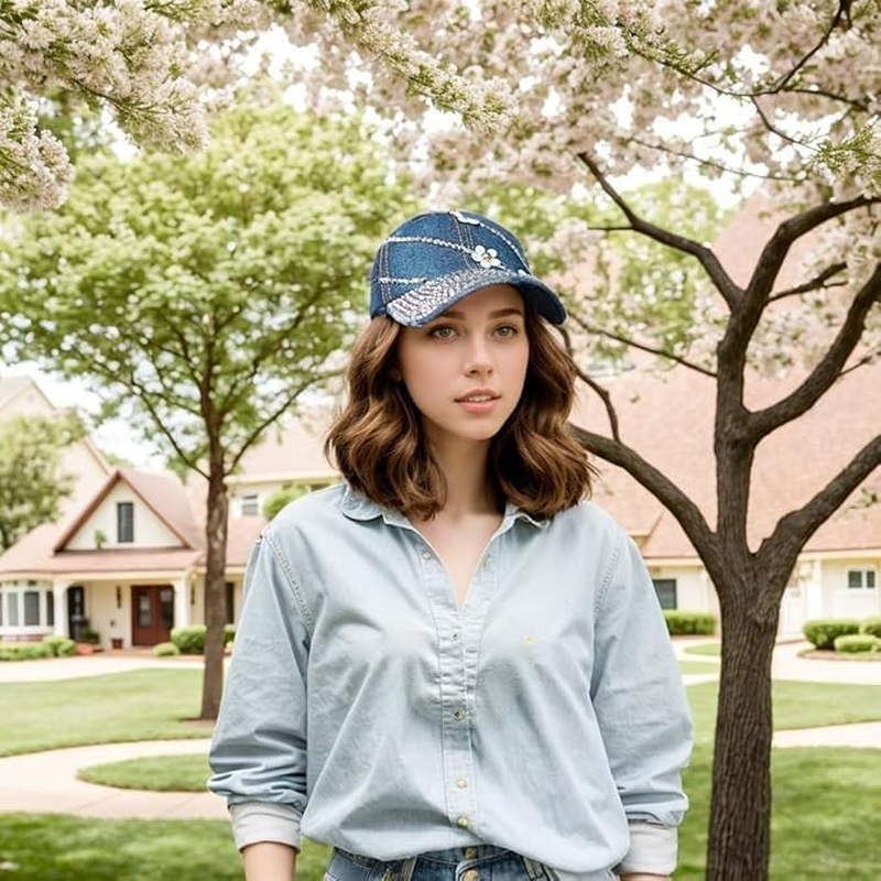 Bling Baseball Cap for Women, Adjustable Rhinestone Sun Hat with Flower Summer Sport Denim Cap image number 1