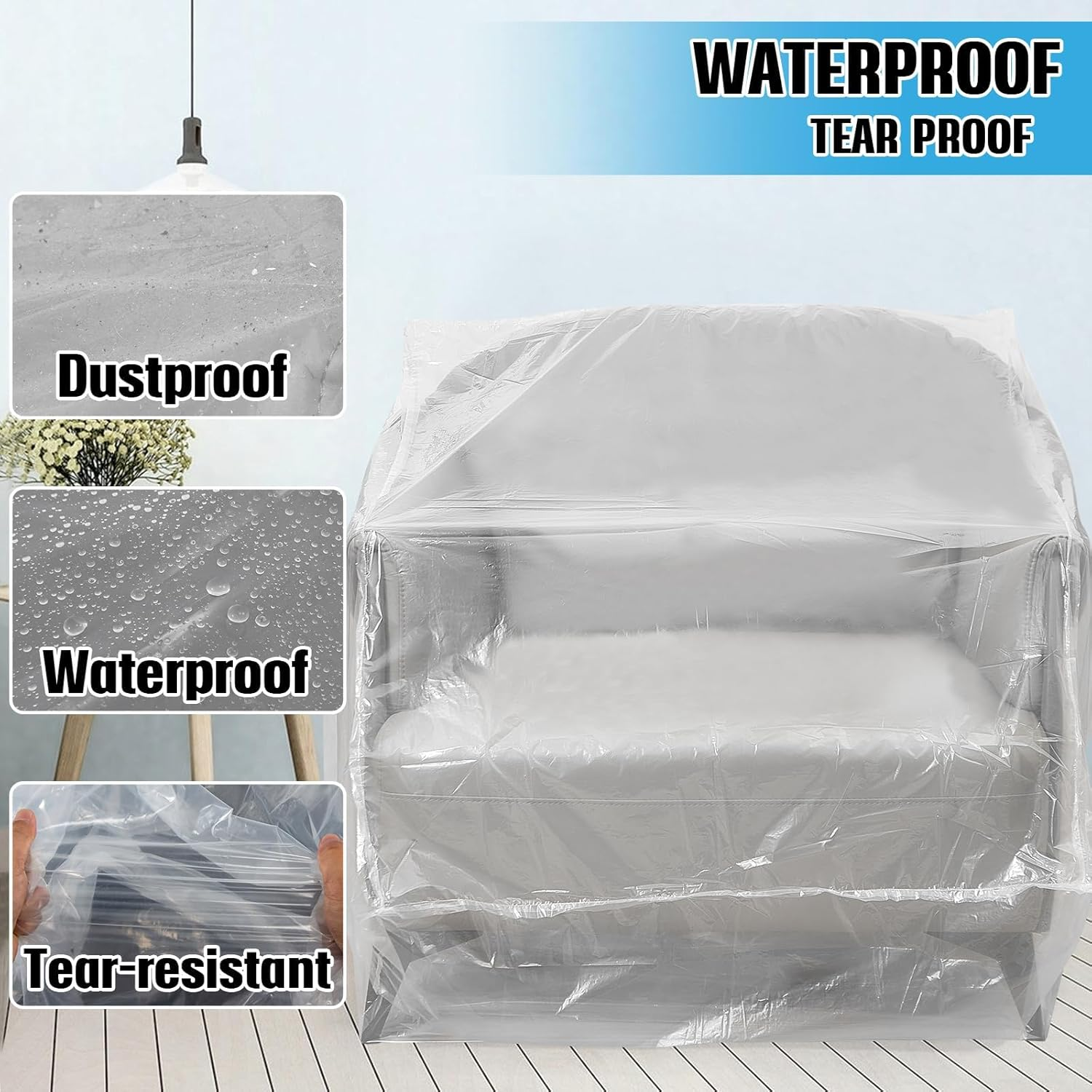 JDFHFGB 2Pcs Large Plastic Furniture Cover for Moving,Clear Waterproof,Anti-Cat Fur,Dustproof Couch Cover, Heavy Duty Chair & Recliner Protector Bag for Storage, Renovation, Transport (34X42X65Inch) image number 5