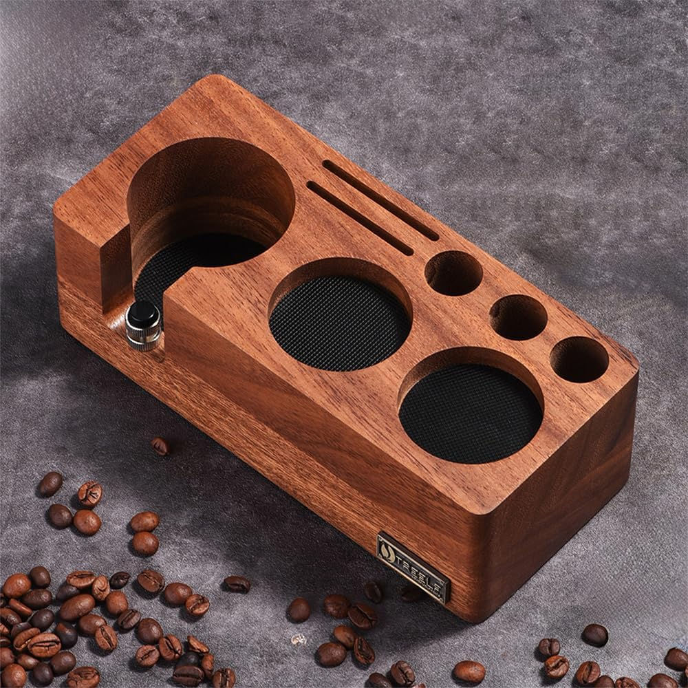 Walnut Espresso Tamping Station for 54Mm Espresso Machine Portafilter Stand Base Adjustable Height 3-In-1 Coffee Tamper Station Organizer Distributer and Portafilter Holder for Countertop Brown 54Mm image number 4