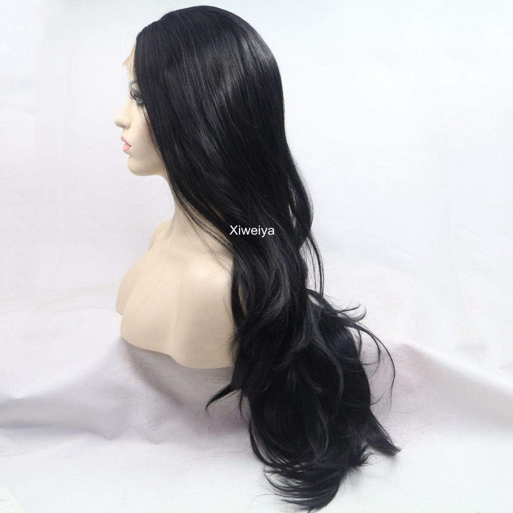 Xiweiya Long Natural Wavy Synthetic Lace Front Wigs for Black Women Black Hair Wig Heat Resistant Fiber Half Hand Tied 24Inch - Black image number 4