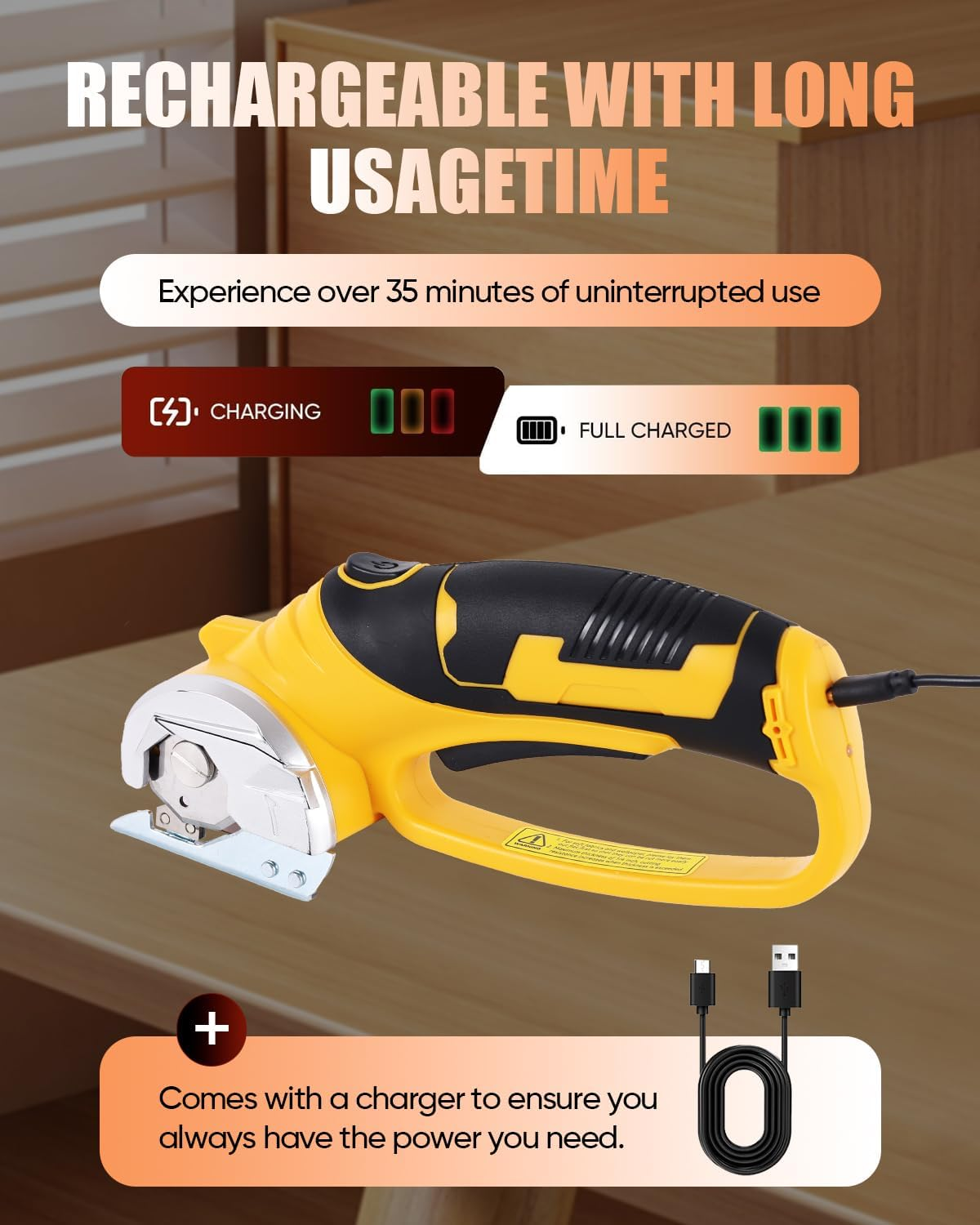 Cordless Electric Scissors, 4V Rechargeable Fabric Cutter with Safety Lock & Light, Heavy Duty Power Rotary Cutter for Leather, Carpet, Cardboard, Sewing & Crafting, 2 X Blades (Yellow) image number 5