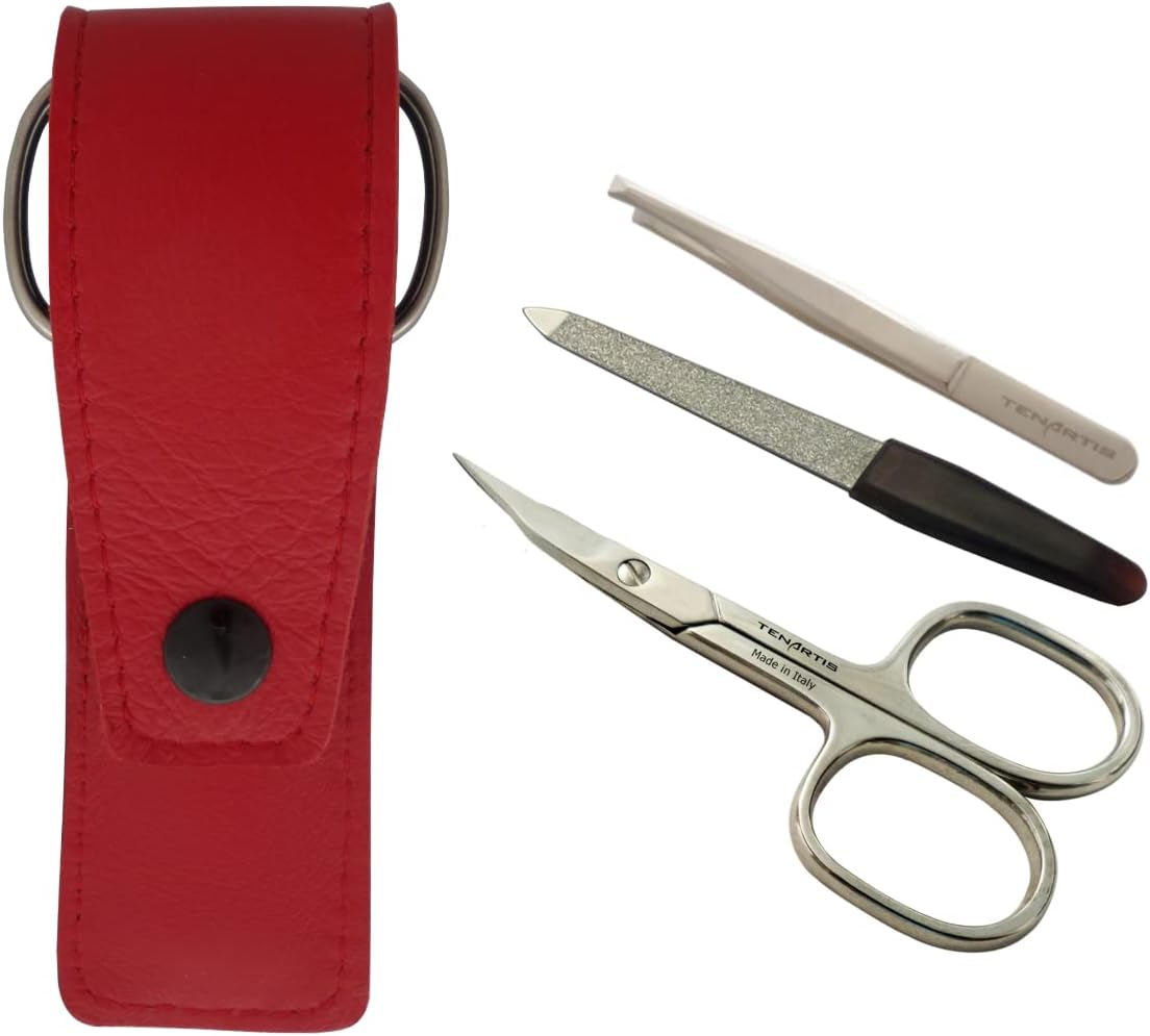(Red) - 3-Piece Manicure Set with Nail Scissors, File and Tweezers in Red Genuine Leather Pouch - Tenartis 312 Made in Italy image number 4