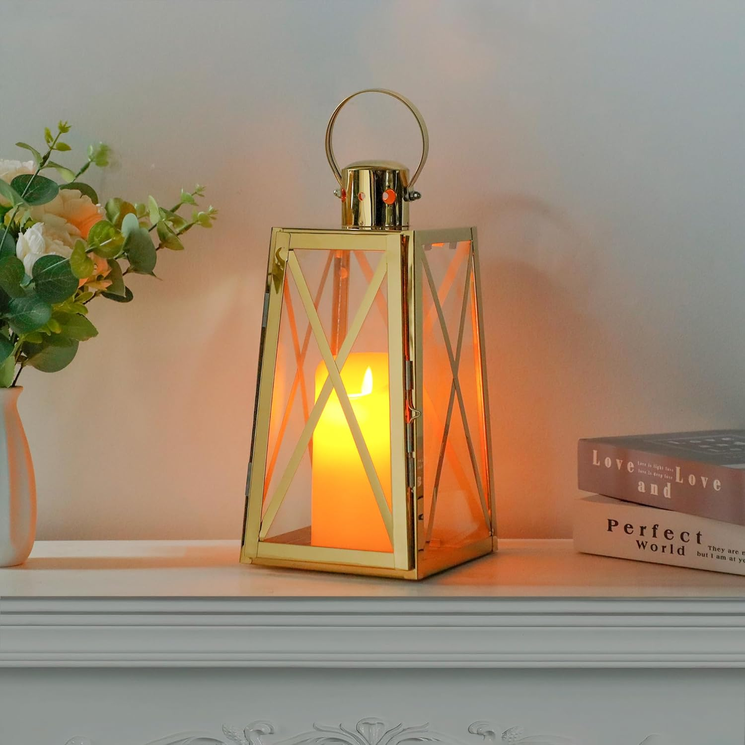 TRIROCKS Stainless Steel Decorative Lantern 12''H Metal Outdoor Candle Holder Hanging Candle Lantern with Tempered Glass for Christmas Home Wedding Living Room Parties Indoor Outdoor(Gold Trapezoid) image number 3