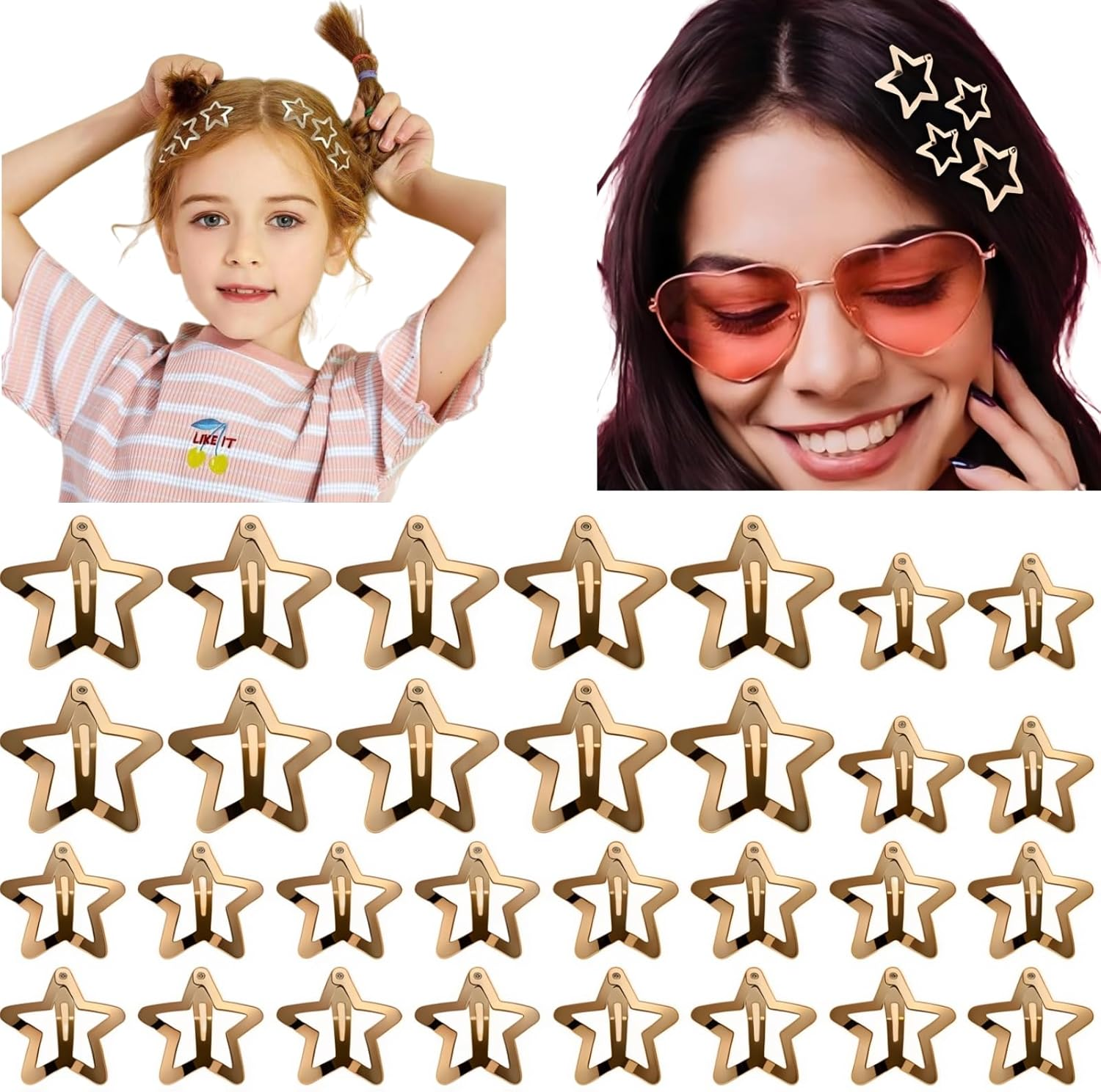 30 PCS Star Hair Clips and Barrettes Set -20 PCS 1.18 "And 10 PCS 1.57" Silver Hair Clips, Anti-Slip Metal Silver Star Clips Hairpin, Fashionable Party Daily Hairpins for Women and Girls