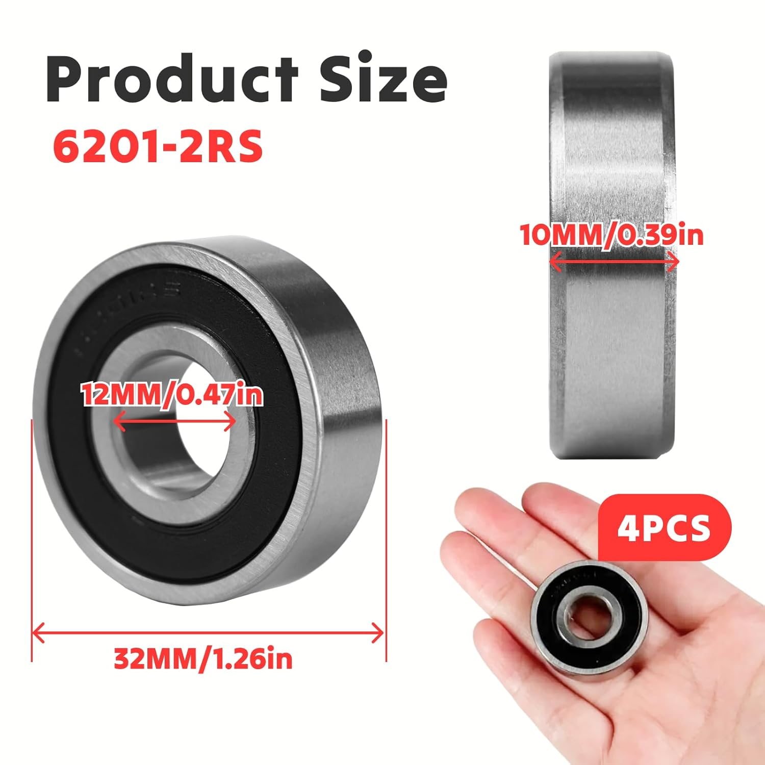 6201-2RS Deep Groove Ball Bearings 12Mm X 32Mm X 10Mm &mdash; Carbon Steel, Double Sealed, Low Noise, Smooth Rotation Bearings for Motors, Machinery & Tools, 4 Pack image number 5
