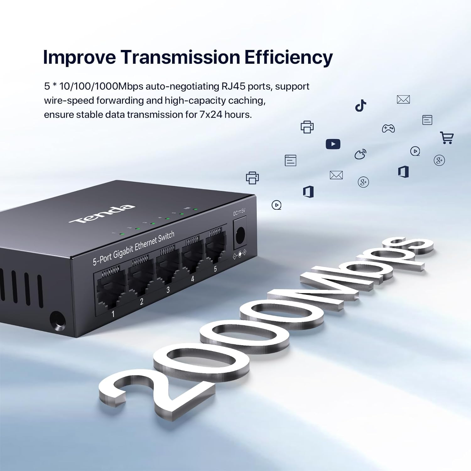 Tenda 5 Port Gigabit Ethernet Switch, Desktop Ethernet Splitter, Unmanaged Network Switch Hub, Plug & Play, Wall-Mount, Fanless Quiet, Metal Design, Traffic Optimization (TEG1005M) image number 5