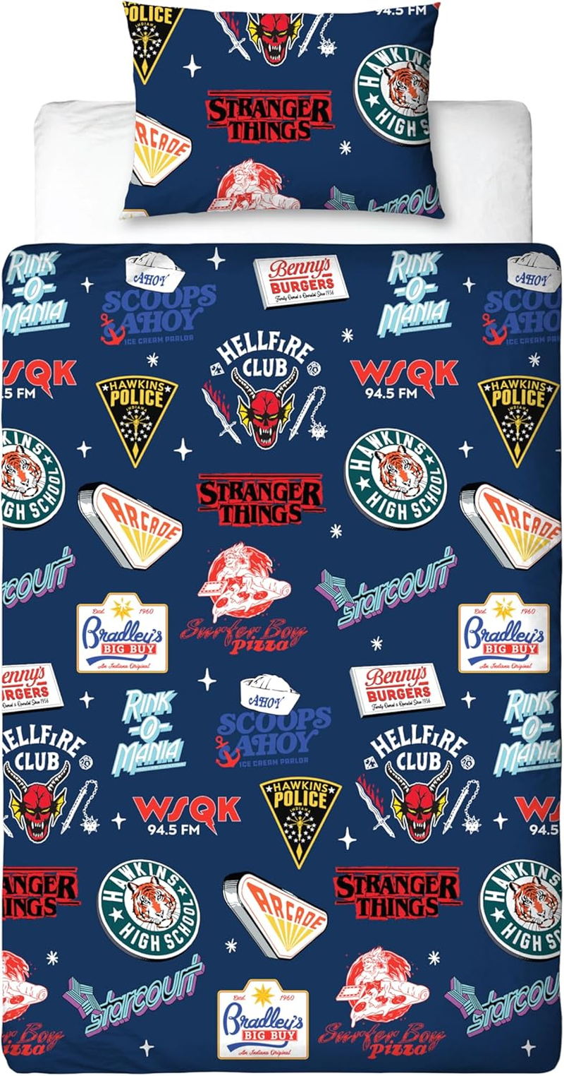 Stranger Things Official Single Duvet Cover | Gorgon Design, Reversible Easy Care Bedding 2 Sided Duvet Quilt Set with Matching Pillow Case, Multicolour Print with Hellfire Club, Hawkins Logos image number 7