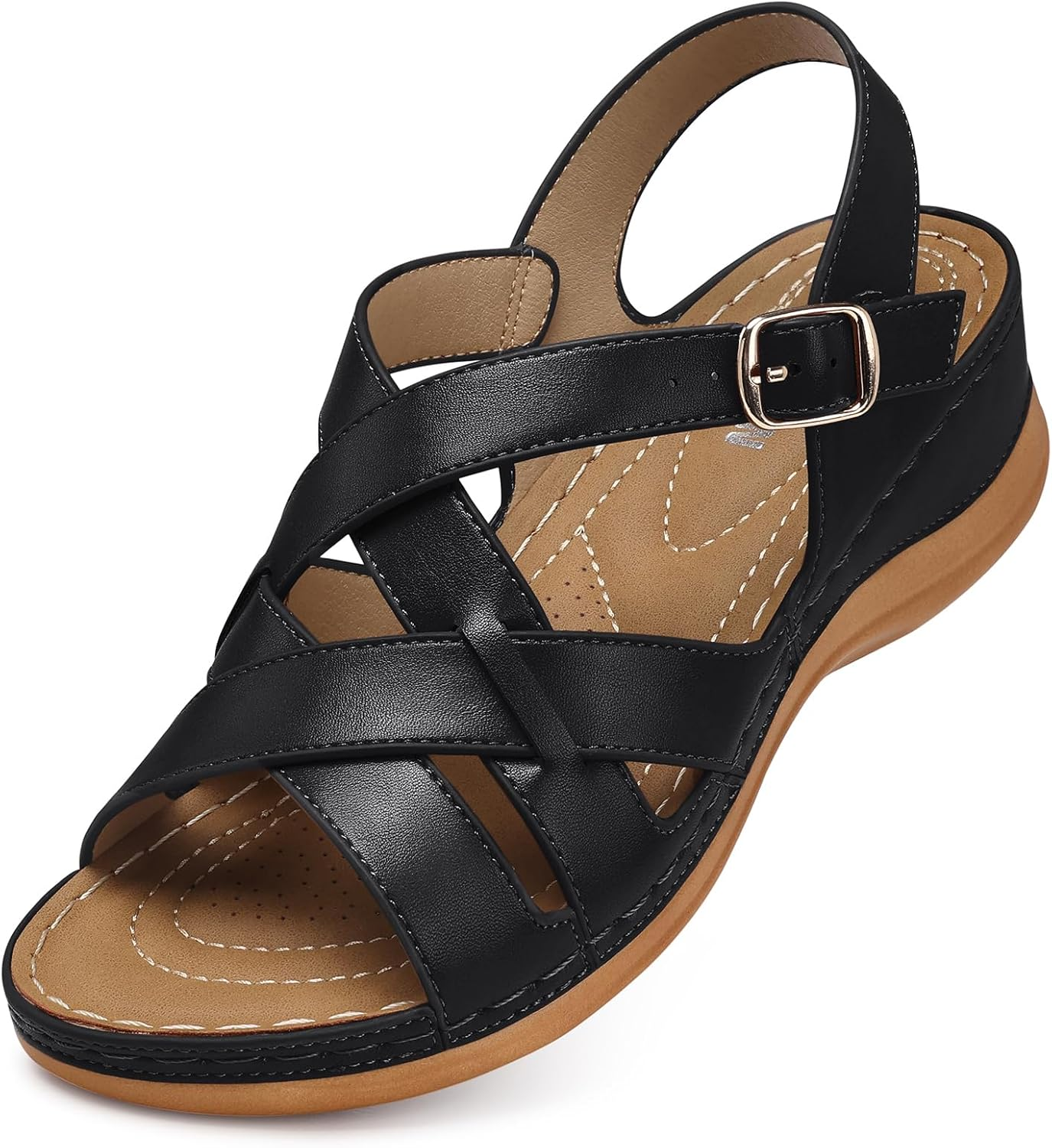 TEMOFON Flat Women Sandals Wide: Black Brown White Leather Summer Sandal - Rubber Sole - Dressy Comfortable Walking Sandal Size 5-11