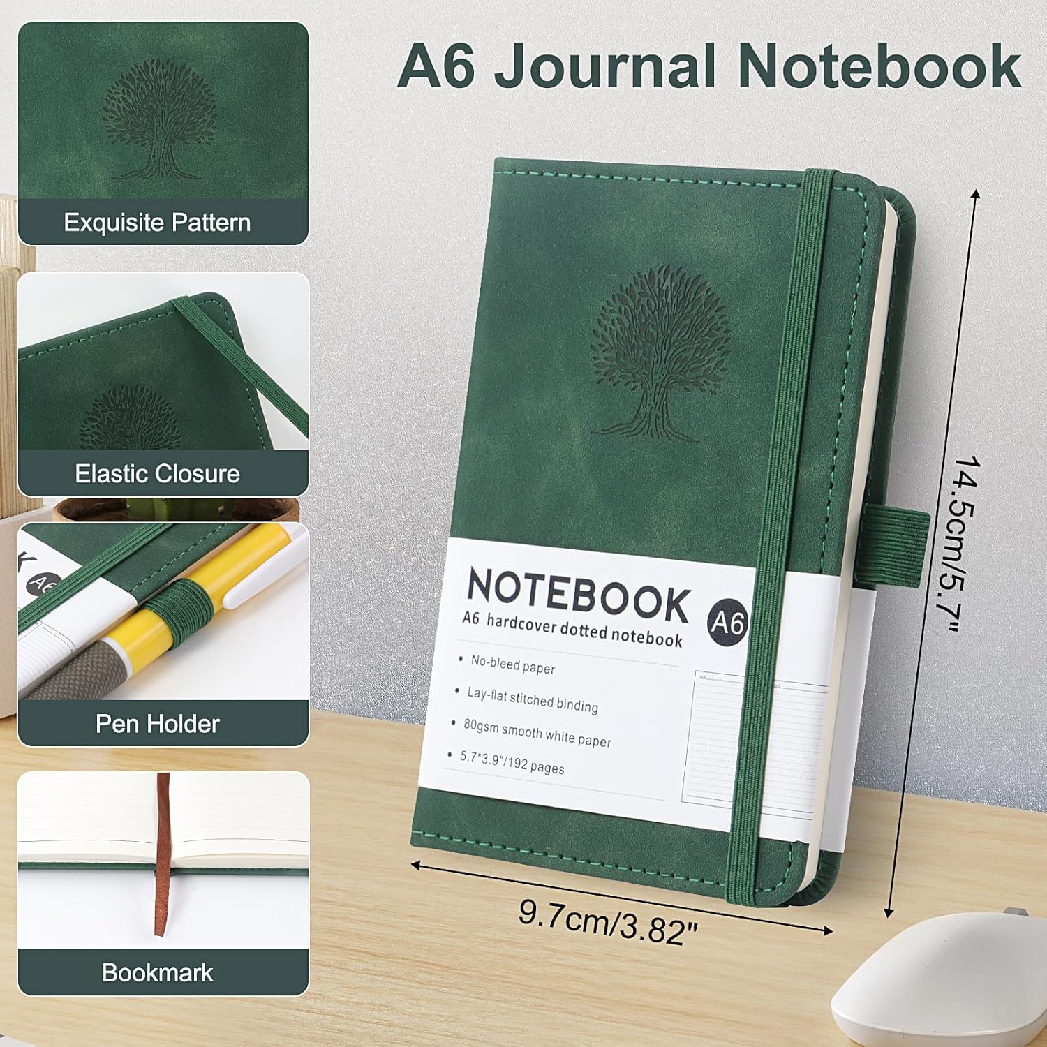 A6 Lined Hardcover Notebook, 192 Pages Journal Notebook with Elastic Band Closure and Ribbon Bookmark, Journals for Writing for Work, Business, Study(Dark Green) image number 6