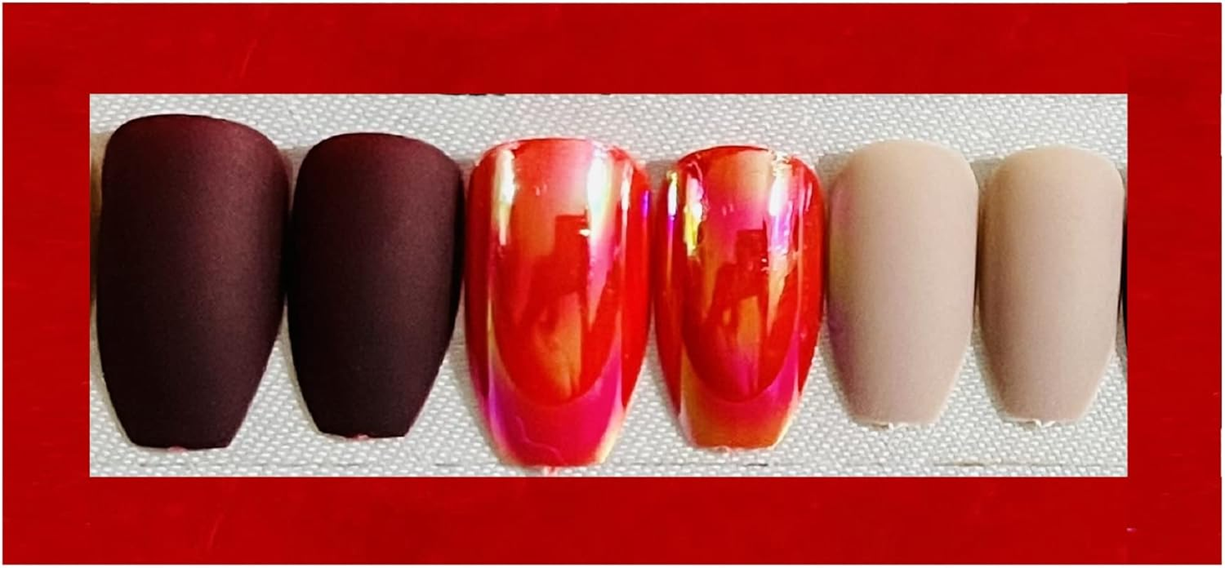 VIKSON INTERNATIONAL Set of 24 Pcs 12 Pcs WINE Red 12 Pcs NAKED COFFEE MATTE Finish Roud Tip Pre-Design French Manicure Full False Fake Nails with 1 Nail Glue Sticker Sheet. image number 5