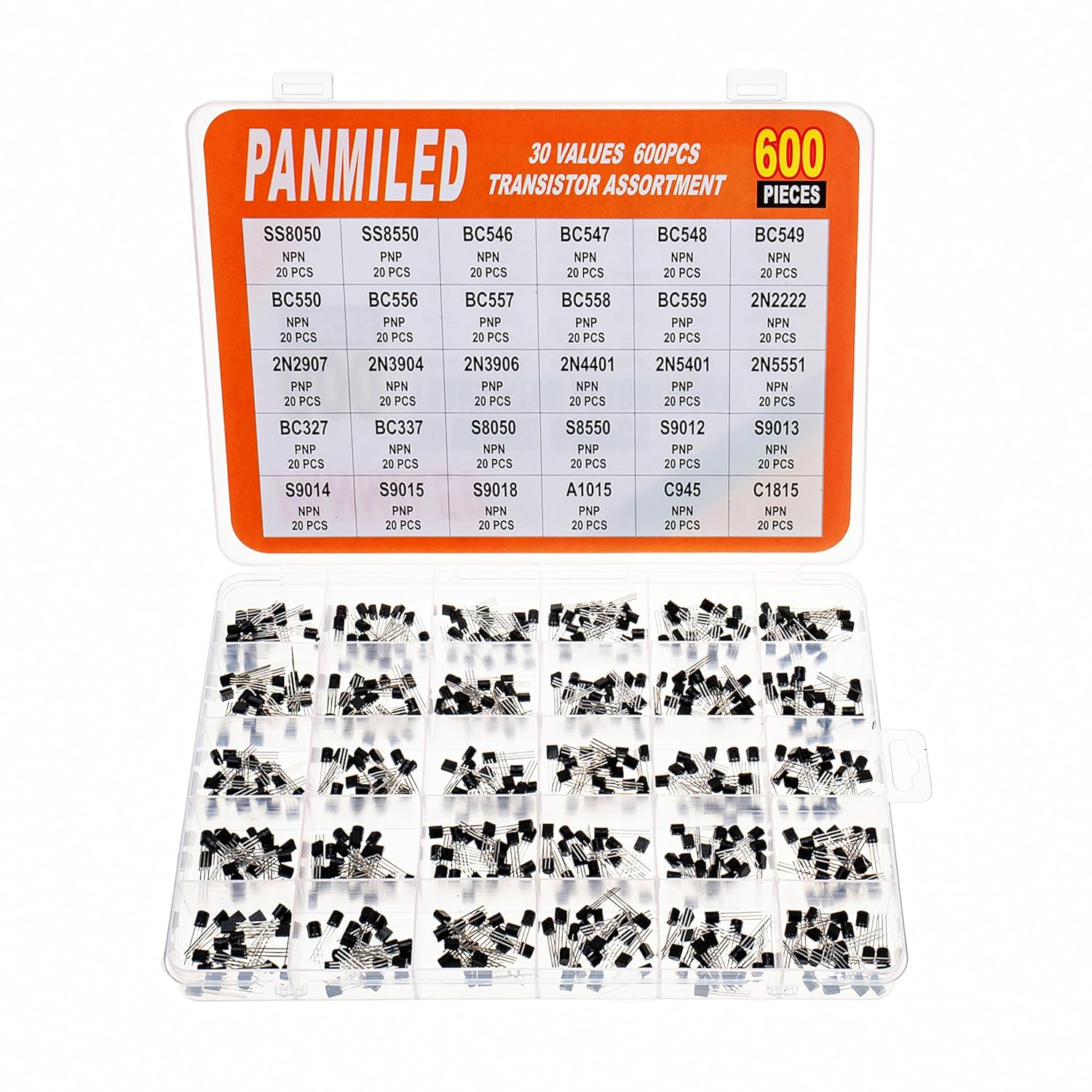 PANMILED 30 Values 600 Pieces Transistor Assortment Kit 2N2222 2N2907 2N3904 2N3906 2N5401 2N5551 S8050 S8550 S9012 S9013 S9014 S9015 A1015 C1815 C945 BC327 BC337 BC547 BC550 BC557 PNP NPN TO-92 image number 1