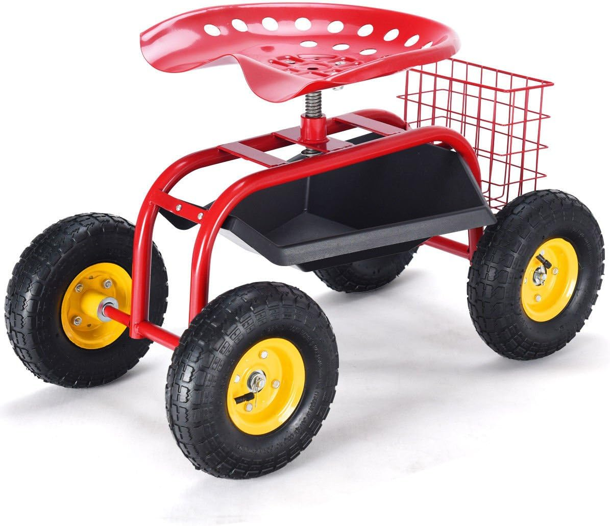 Giantex Rolling Garden Work Seat, 360 Swivel Gardening Workseat with Wheels, Tool Basket, Adjustable Height, Outdoor Scooter for Sitting, Gardening Stool Chair for Planting Trimming, Red image number 5