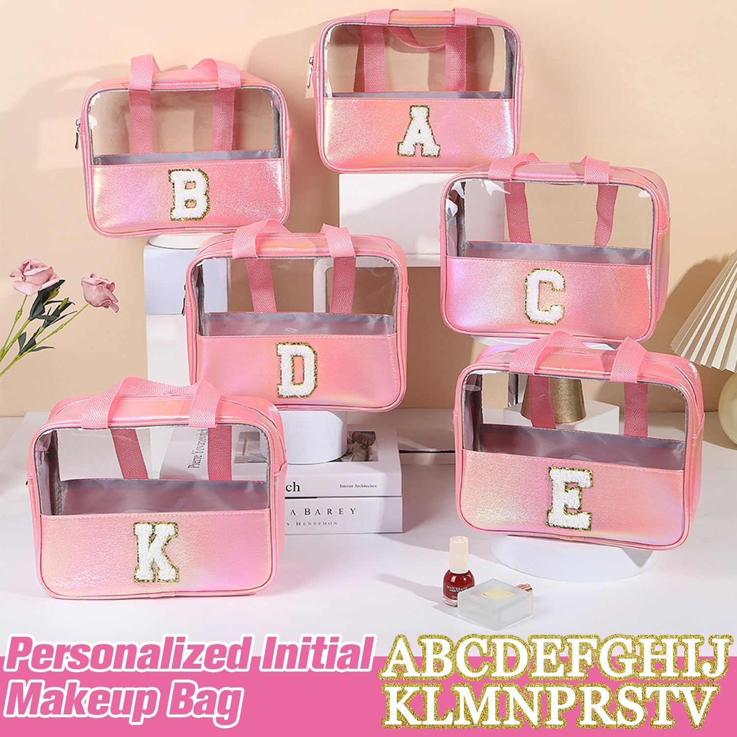 Personalised Transparent Cosmetic Bag, Pink Toiletry Bag, Travel Waterproof Toiletry Bag, Birthday Gifts for Girls, Women, Mothers, Best Friends and Bridesmaids, Letter V - B image number 4