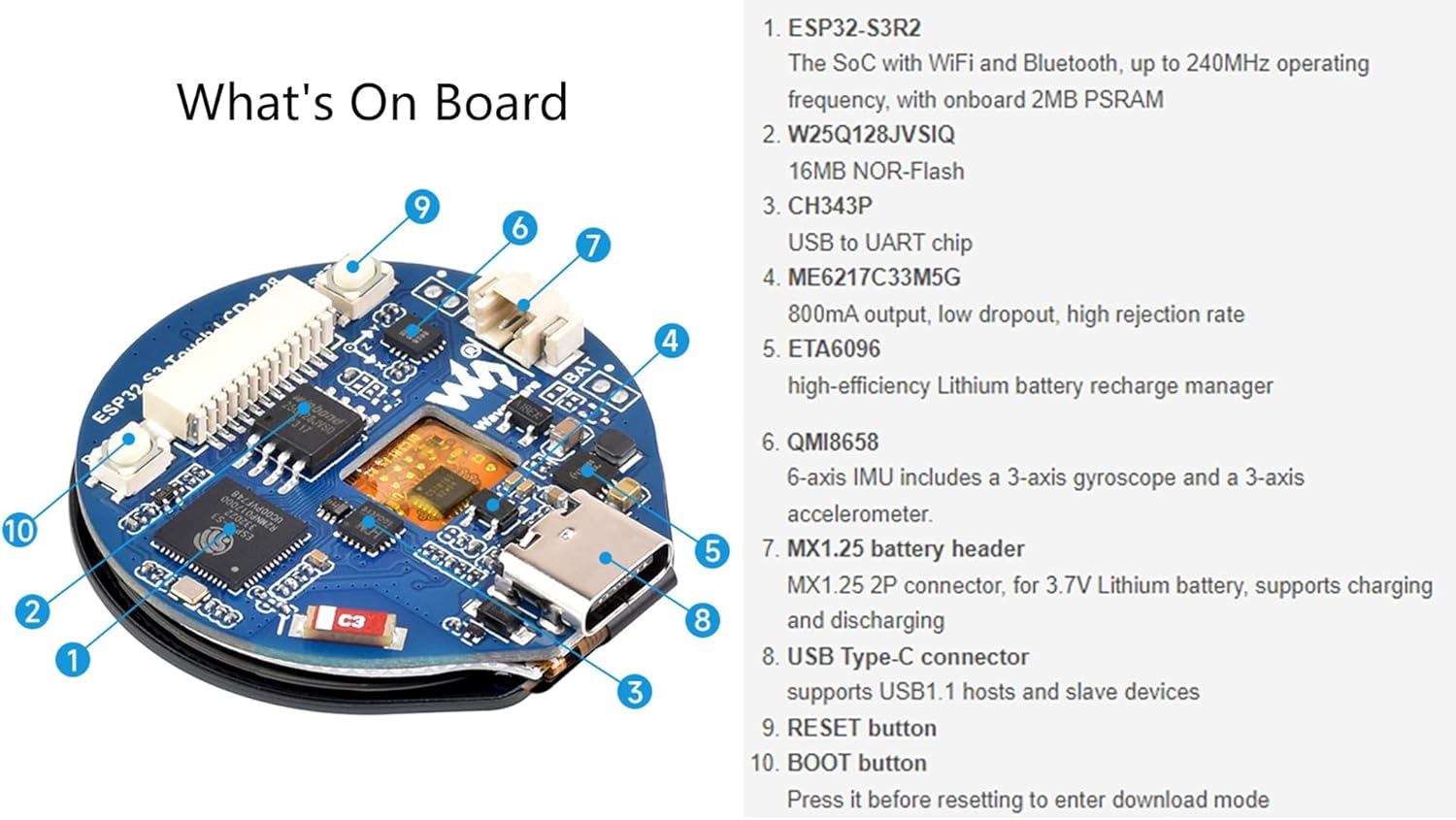 ESP32-S3 MCU Board with Onboard 1.28Inch round Touch LCD and 6-Axis Sensor Etc, 32-Bit LX7 Dual-Core Processor, Supports 2.4Ghz Wi-Fi (802.11 B/G/N) and Bluetooth 5 (LE), Type-C Port - 1.28Inch+Touch image number 6
