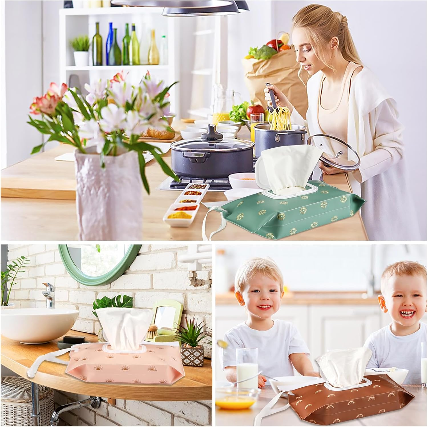 FEBSNOW 4 Pack Portable Refillable Baby Wipes Dispenser, Boho Style Rectangular EVA Wipes Case, Multicolor image number 5