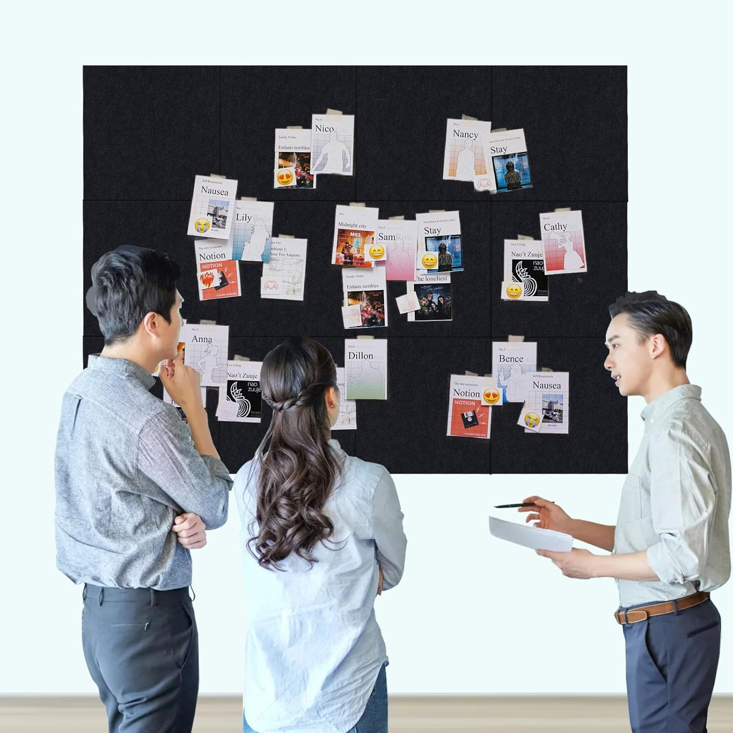 Large Bulletin Board Black Cork Board Alternative 12 Pack Felt Wall Tiles with Safe Removable Adhesive Tabs 47"X35" Wall Cork Board Felt Board Poster Board Soundproof Panel for Office Family Classroom image number 2