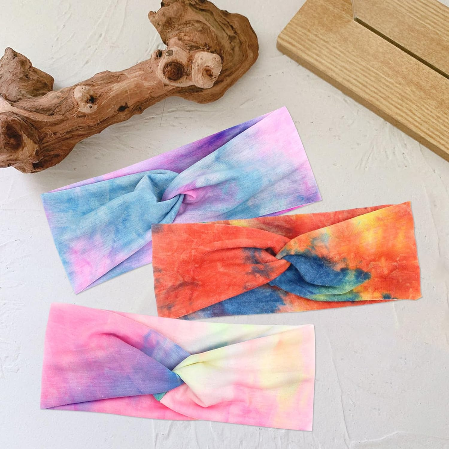 DHWEKU Hair Bands Women'S Wide Elastic Soft 3 Pieces Summer Boho Headband Print Hair Accessories Yoga Sports Hair Band Multicoloured Thin Headbands (Tie Dye) image number 3