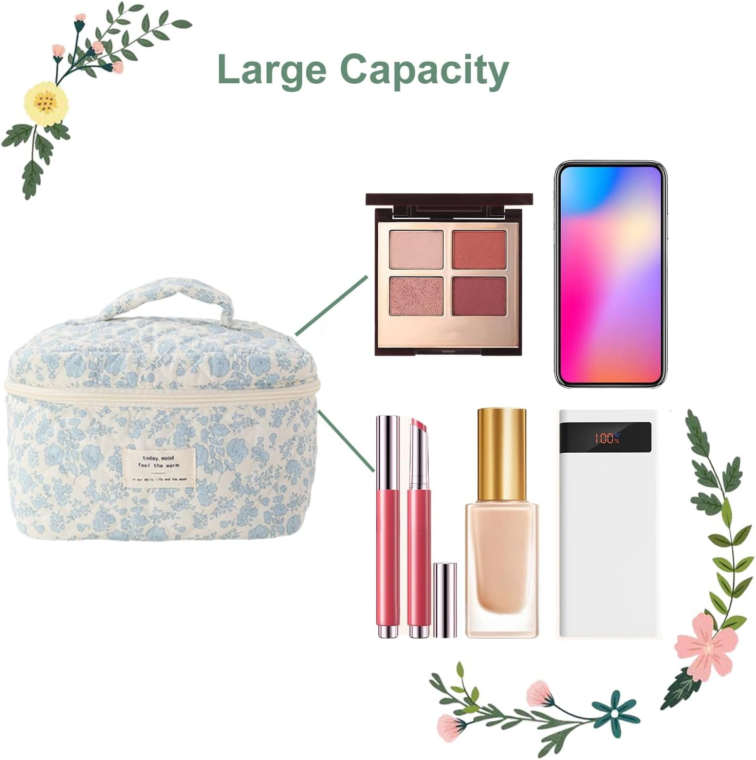 ZANZER 3 PCS Travel Quilted Cotton Makeup Bag Set - Floral Cotton Cosmetic Bag Travel Toiletry Pouch Portable Beauty Cosmetic Storage, Ideal Gifts for Girls Women, Mothers Day Gift (Dark Blue Flower) image number 5