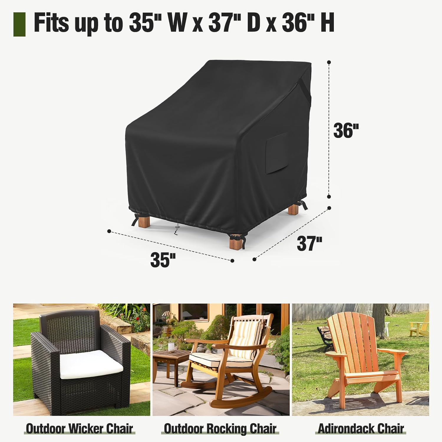 MR. COVER Outdoor Chair Covers Waterproof, Patio Furniture Covers for Rocking Chair, Fits up to 35W X 37D X 36H Inches, Air Vent and Handles Included, Black, 2 Pack image number 4