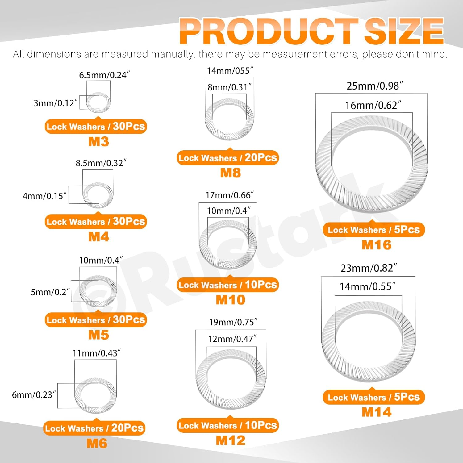 Rustark 160Pcs 9 Sizes 304 Stainless Steel Double Side Lock Washers Silver Tooth Lock Washer Metric Wedge Lock Washer Vibration Resistant Safety Washers for Construction Railway image number 3