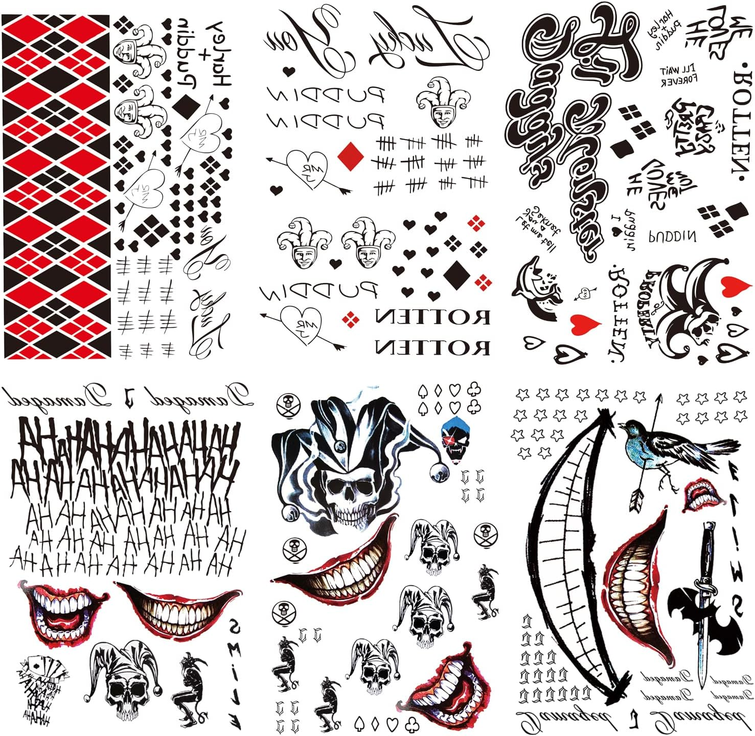6 Sheets PADOUN HQ & Joker Temporary Tattoo Stickers, Fake Joker Temporary Tattoo Stickers and Suicide Squad Harley Quinn Tattoos Full Body Bundle for Costume Cosplay Party Accessory image number 5