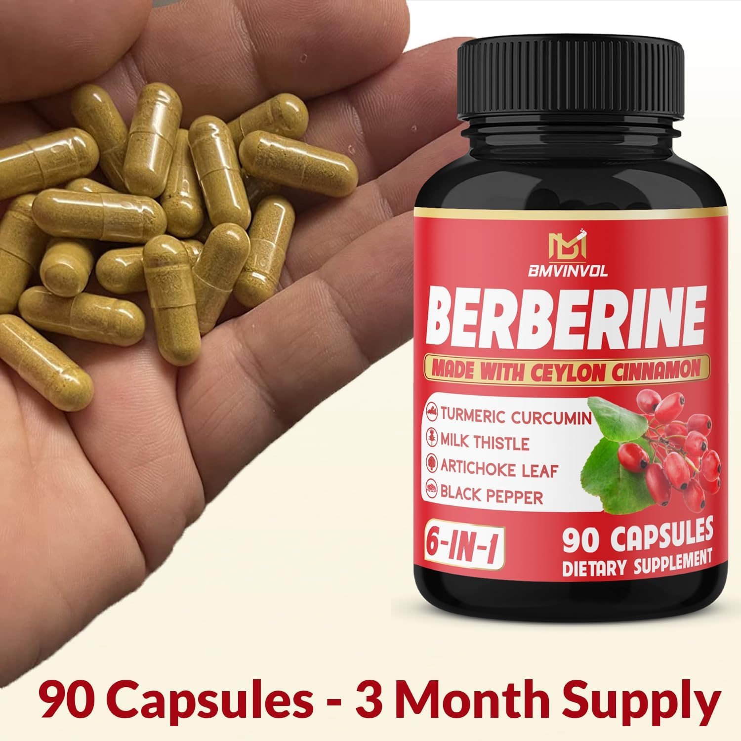 Berberine with Ceylon Cinnamon, Turmeric, Milk Thistle, Artichoke, Black Pepper - 90 Count - Pack of 1