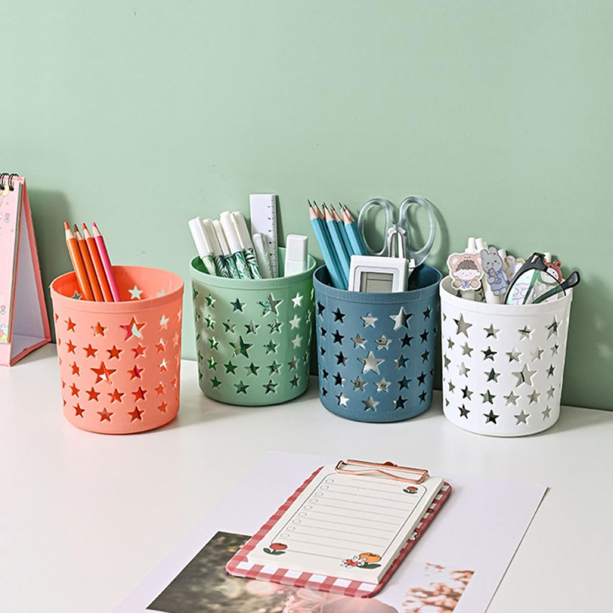 AMUSLESUR Pencil Holder Desk Organizer 8Pcs round Plastic Pen Containers for Office and Home with Hollow Star Design in Teal Amber White Green image number 5
