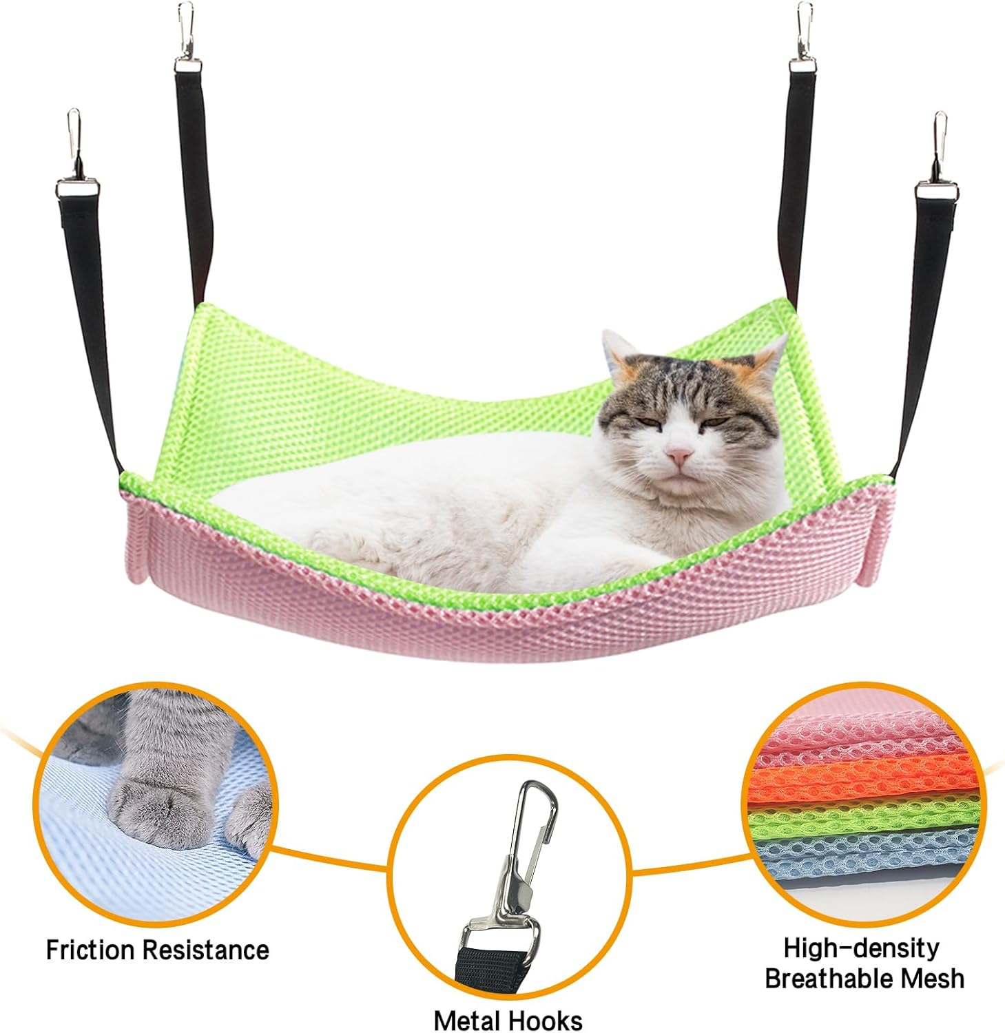 Yanmucy Cat Hammock Beds Breathable Mesh Cat Hanging Hammock Bed Summer Bilayer Pet Cage Hanging Bed for Cats Kittens Rabbits, 53X35Cm (Pink+Green) image number 3