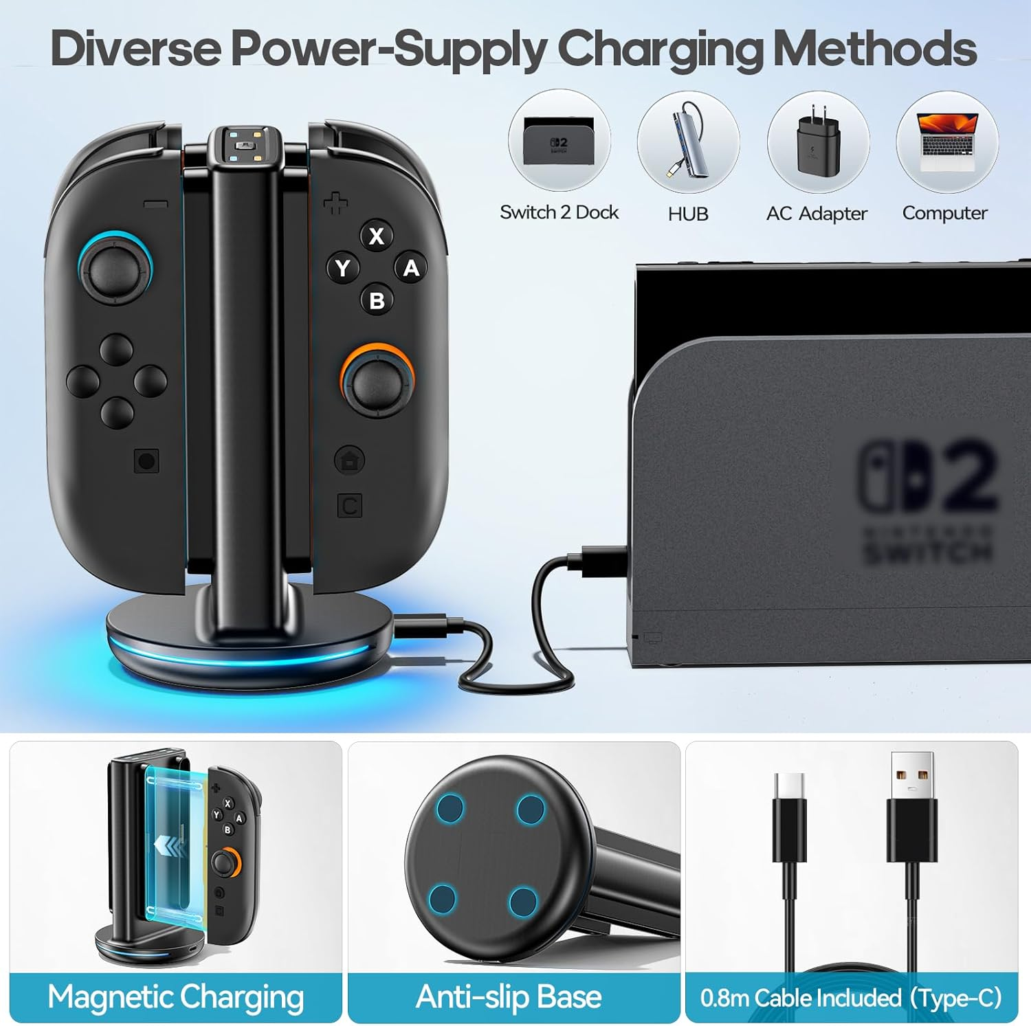 Rysker Switch 2 Controller Charger for Joy-Cons 2, Switch 2 Joycon Charger Dock for Any Direction Charging, Joycon 2 Charging Dock with 9 Light Modes for NS 2 image number 6