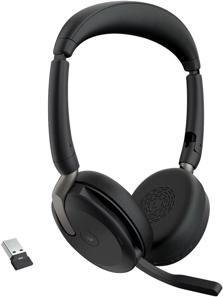 Jabra Evolve2 65 Flex Wireless Headset - Active Noise Cancelling - Teams Cert - USB a Booster - Foldable - on Ear Bluetooth Stereo Headphones with Boom Mic + Clearvoice for Clear Calls 32Hr Music Time