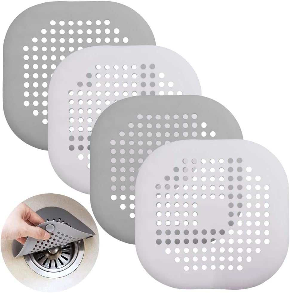 4 Pcs Silicone Drain Protector with Sucker, SENHAI Sink Strainer Shower Hair Catcher Bathtub Drain Cover for Kitchen Bathroom- White, Grey image number 1