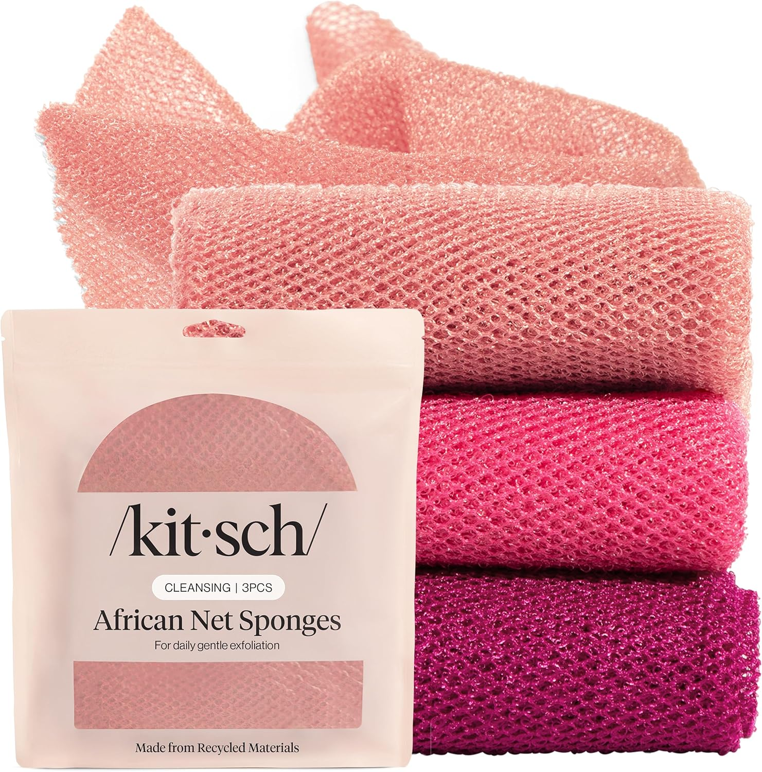 Kitsch African Net Sponge &ndash; Exfoliating Body Scrubber for Cleansing & Gentle Daily Exfoliation &ndash; Stretchable Bath Sponge for Hard-To-Reach Areas, Long-Lasting Shower Essential - Berry Pink, 3 Pcs image number 2