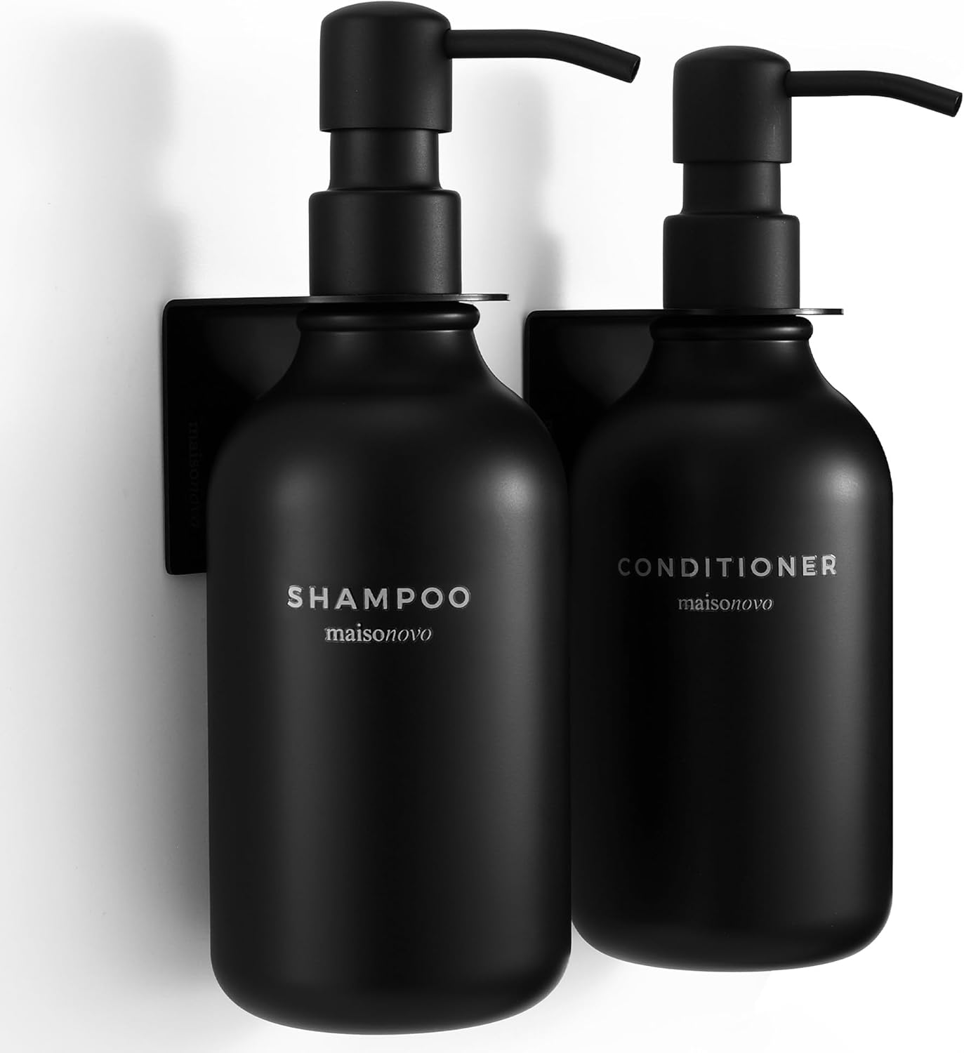 MAISONOVO Shampoo Dispenser for Shower Wall 3 Chamber - Drill Free Shower Soap Dispenser Wall Mount with Waterproof Labels | 3 Black Plastic Bottles with Black Metal Pumps