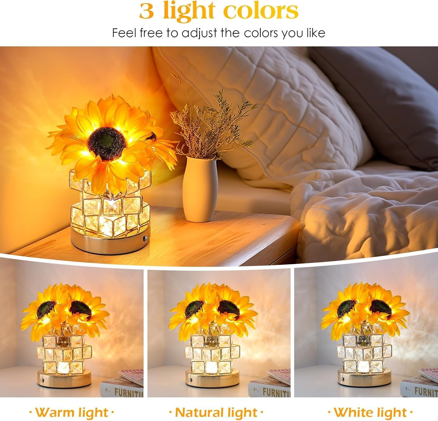 Sunflowers Flower Lamp, USB Rechargeable Cordless Lamp, 3 Colours Infinitely Dimming Small Night Light, with Artificial Crystal Vase, Festival Restaurant Bedroom Birthday Gifts for Women Mom (Yellow)