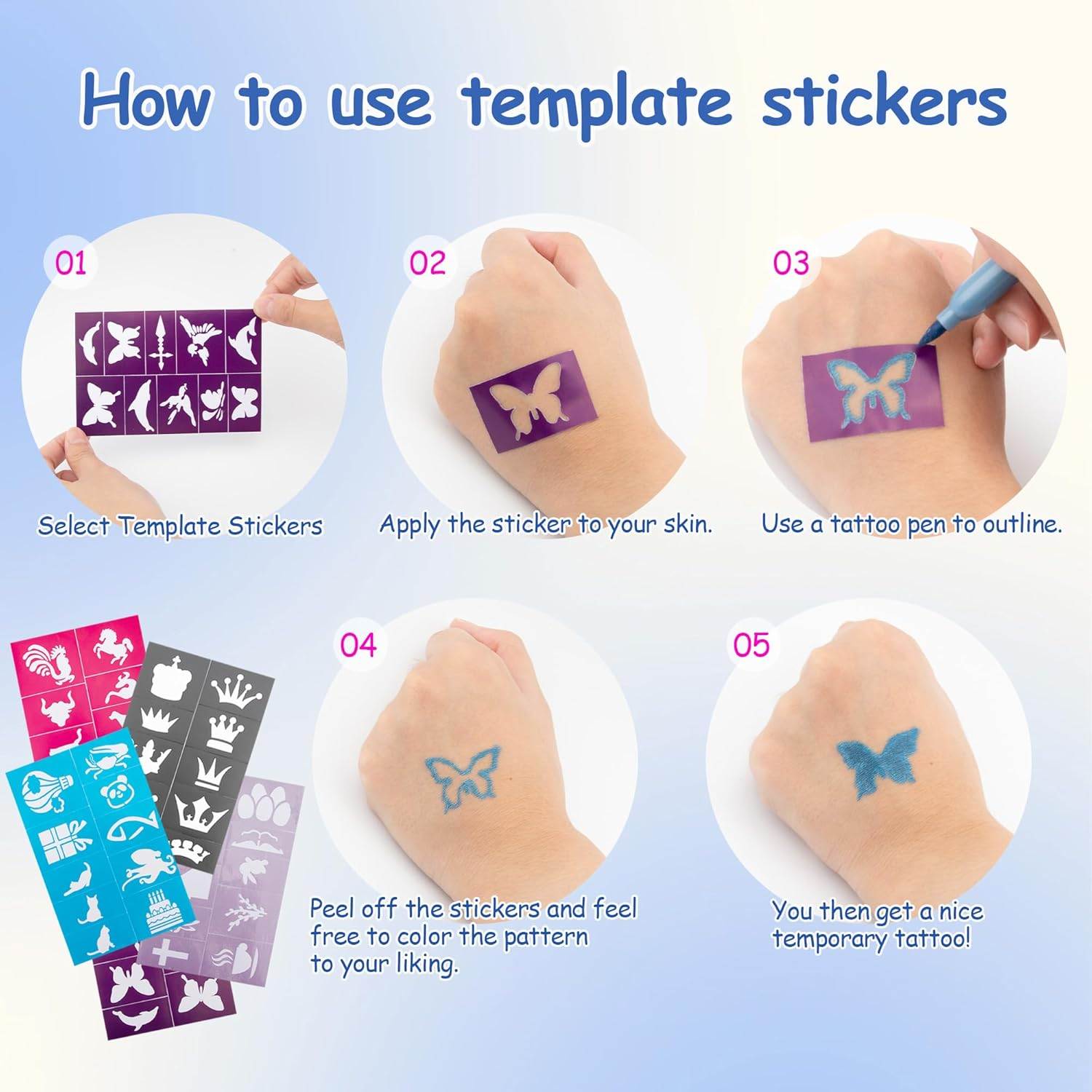 YUNAI Temporary Tattoos Markers for Skin, Tattoo Pen Kit with 10 Body Tattoos Pens 5 Tattoo Stencils 2 Tattoos Stickers for Adults, Fine Tip, Assorted Bright Colors image number 1