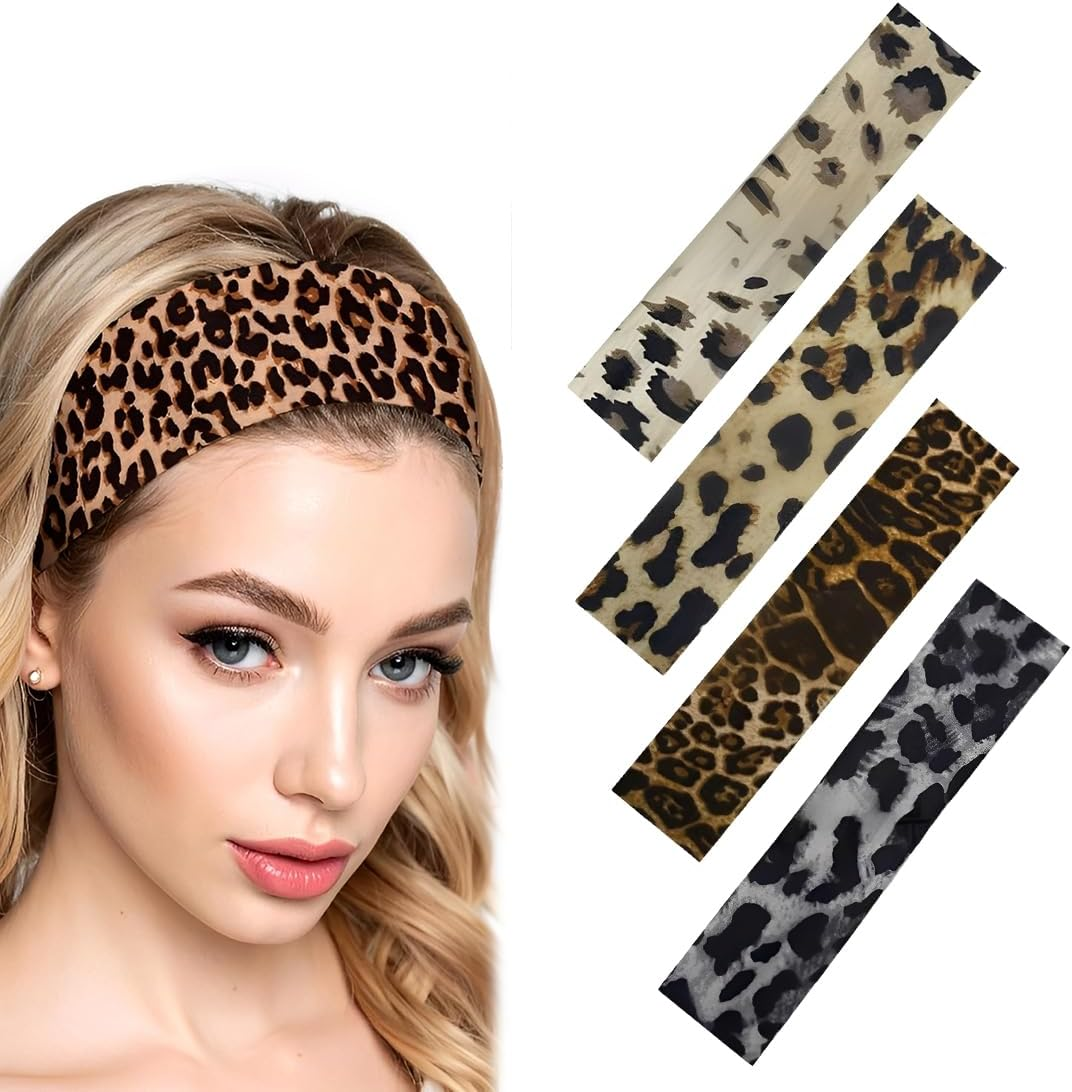 Pack of 4 Women'S Leopard Boho Headband Printed Headbands Knot Twisted Elastic Head Wrap Hair Accessories for Girls for Running Yoga Fitness image number 3