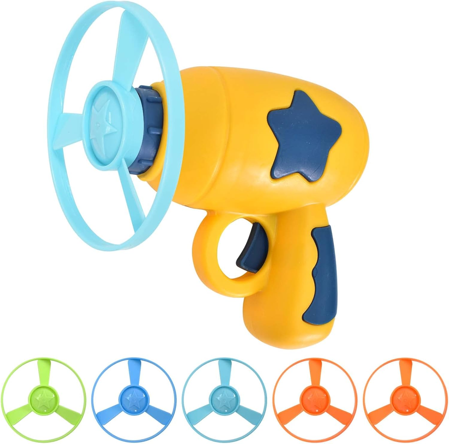 Cat Fetch Toy, Colourful Flying Propeller Disc Cat Toy Chasing Saucer with 1 Launchers, 5 Propellers Random Colour for Interactivity Training Hunting Hitting Pet Toy (Yellow) image number 1