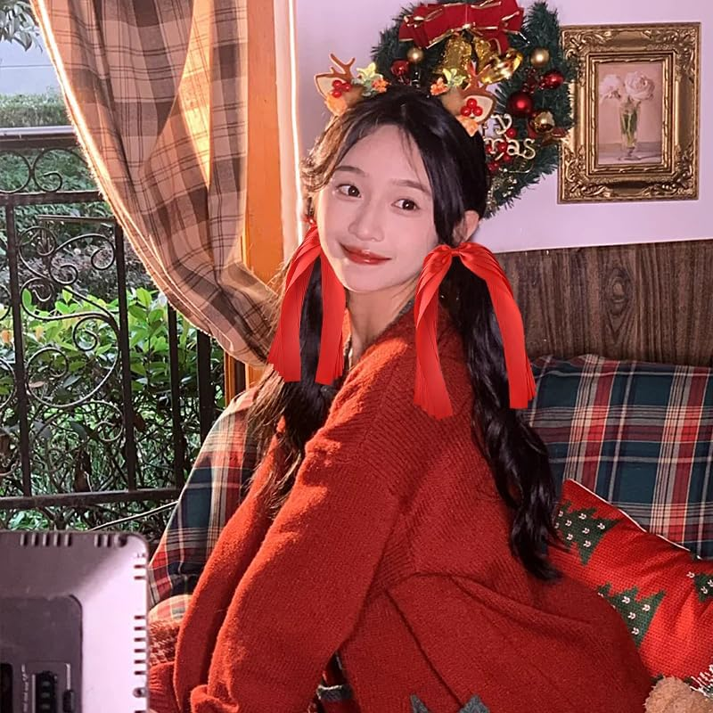 Christmas Hair Ribbon Bow Tie Christmas Hair Accessories for Women Elastic Red Bow Hair Ties Silk Long Hair Scrunchies Ties with Bow Satin Christmas Ponytail Holder 2PCS Ribbon Hair Tie Bows image number 1