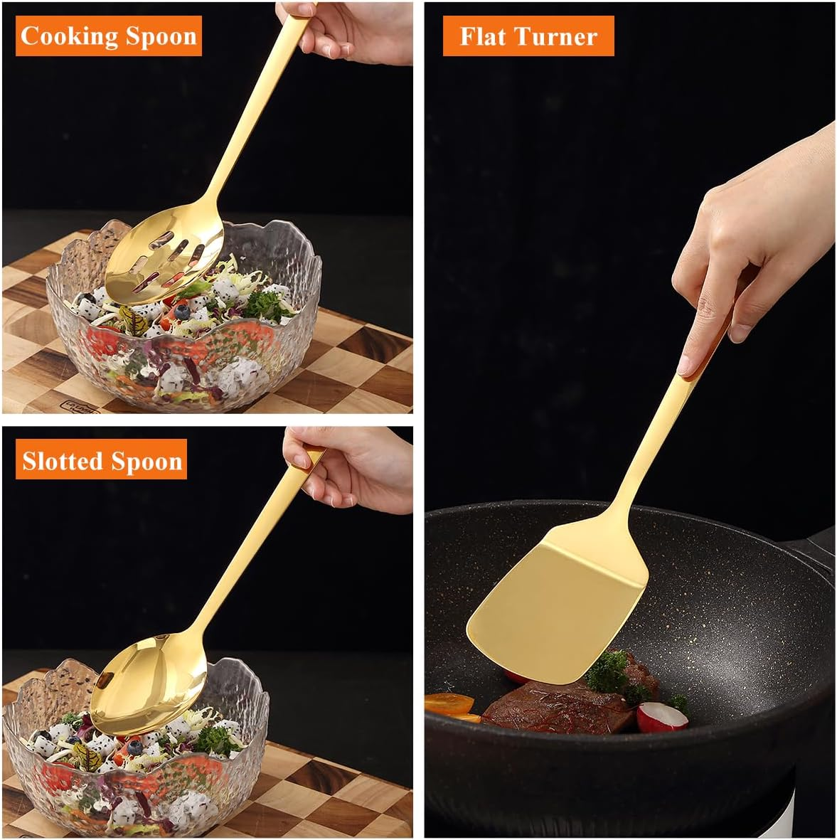 HOMQUEN Gold Kitchenware Set 4Pcs, Titanium Gold Plating Stainless Steel Cookware Set, Kitchen Tools Spatulas Set, Cooking Spoons, Home Essentials Kitchen Gadgets Accessories - 2.Gold image number 2