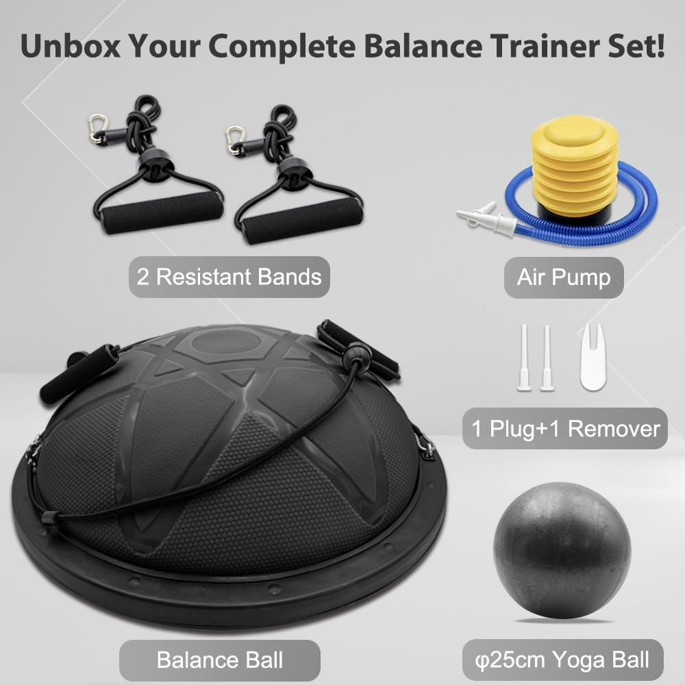 300KG Half Balance Ball Trainer,7Pcs Half Exercise Balance Ball Trainer Set with 2 Resistance Bands,Yoga Ball&Foot Pump,58Cm Stability Ball for Full Body Workout,Exercises,Home Gym,Physical Therapy