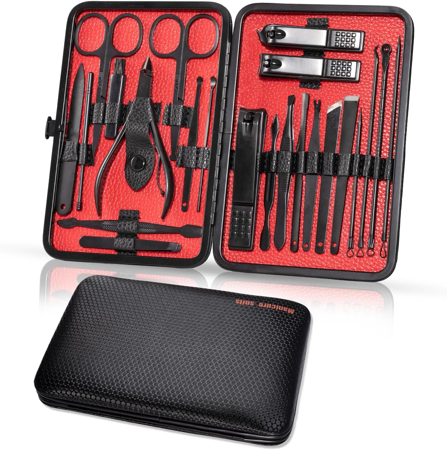 Manicure Set Nail Set 23-Piece Pedicure Set Nail Clippers Stainless Steel Portable Nail Scissors Set with PU Leather Case Nail Care Set Professional All-Round Hand Foot Care Kit for Men and Women Black Red image number 2