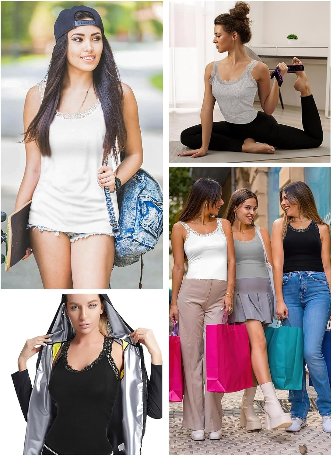 3PCS Lace Camisole Tank Tops Womens Cami Undershirt Sleeveless Ribbed Tank for Women image number 2