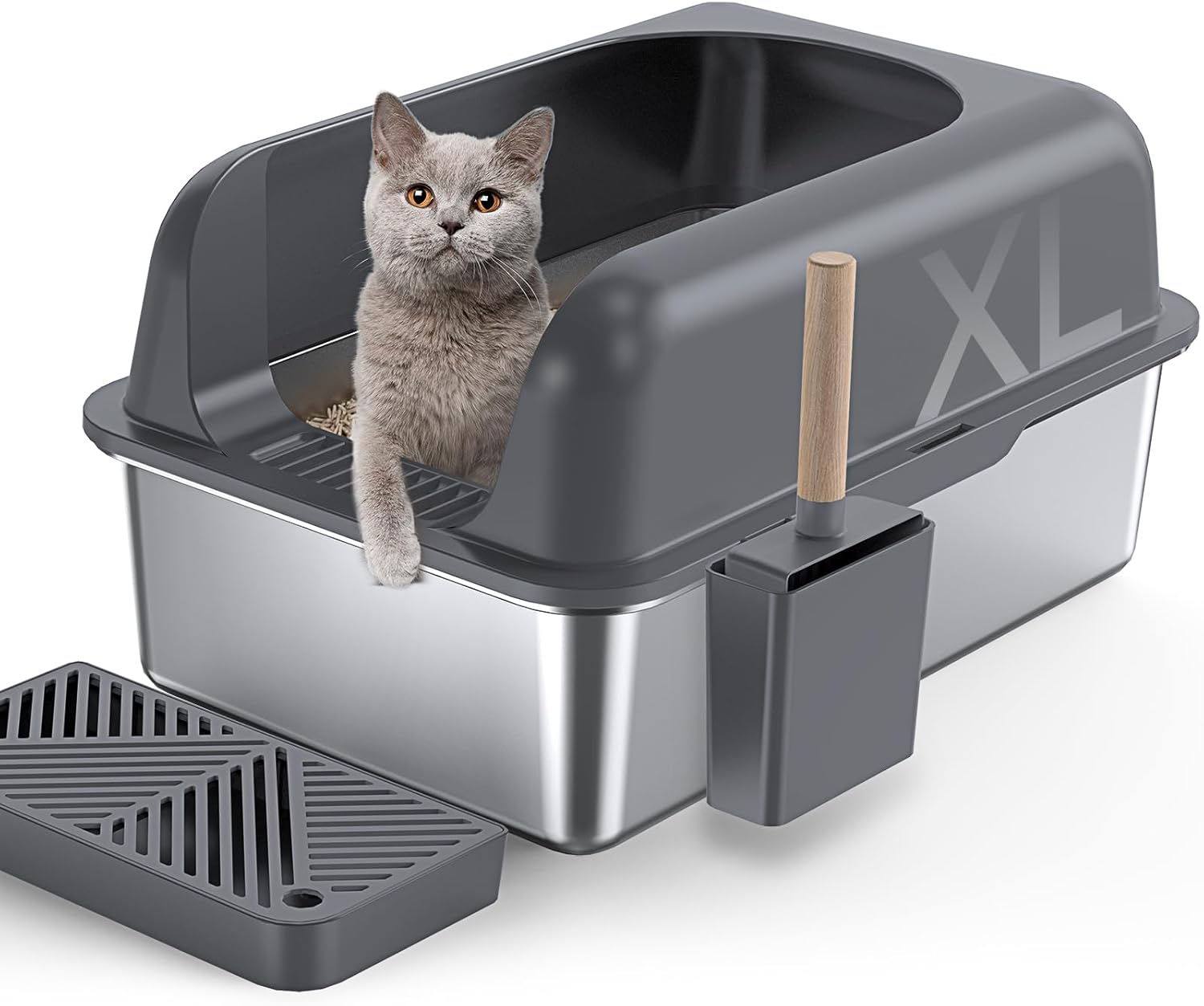 Gimars XL Stainless Steel Cat Litter Box, Large Stainless Steel Cat Litter Tray, 20L Metal Litter Tray with Litter Scoop & Pedal, Good for Large Medium Cats image number 1