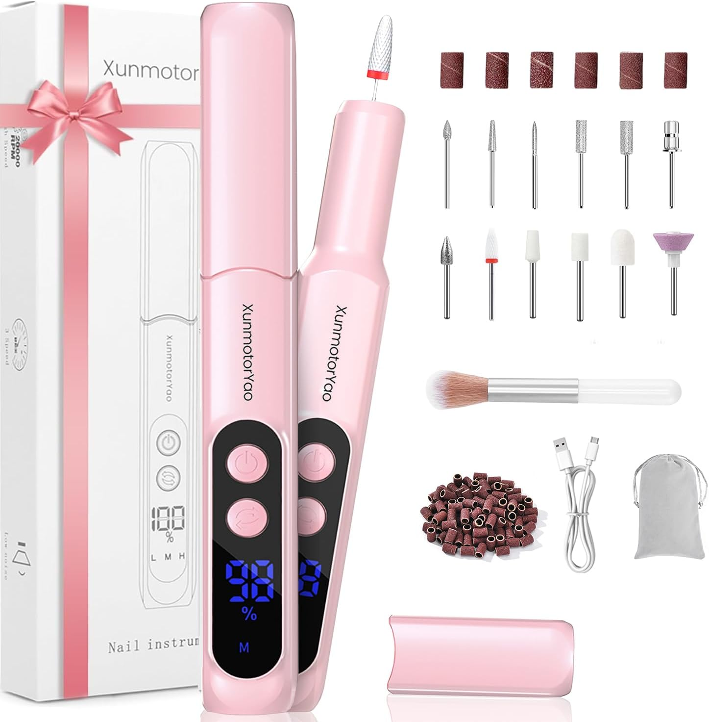 Xunmotoryao Hes Nail File Set 11 in 1 Rechargeable Manicure Pedicure with 3 Speed LED Lighting for Acrylic Gel Nails (Pink) image number 1